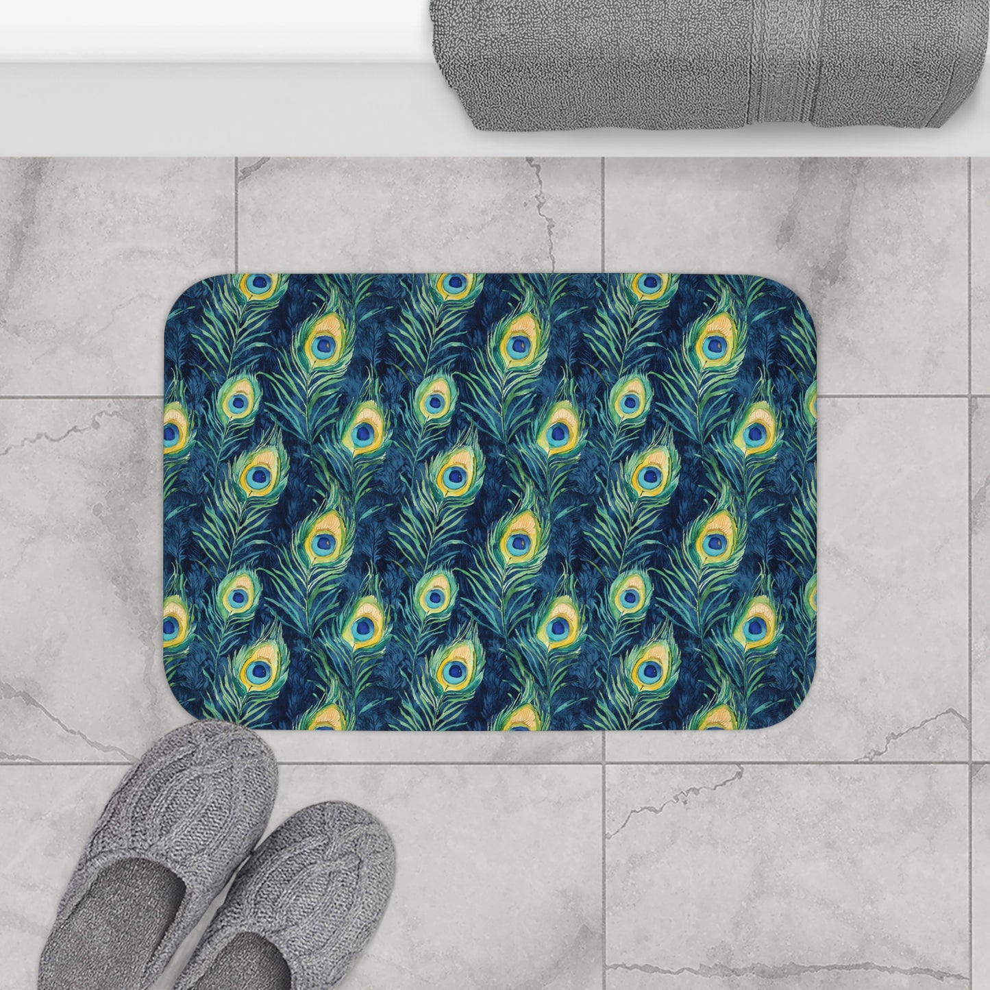 Bath Mat - Elegant Peacock Feathers In Navy, Aqua And Gold