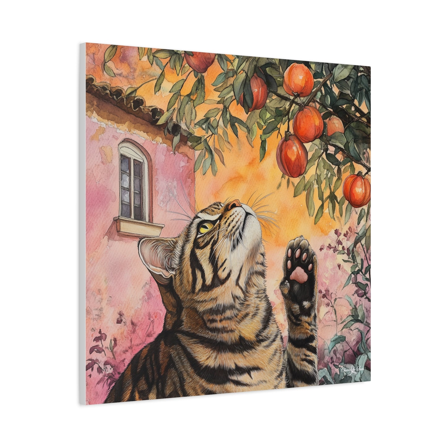 Canvas Art - Pink House Tiger Cat And Persimmons