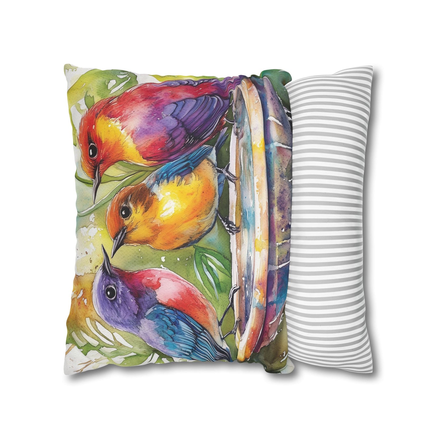 Square Pillow Cover - Colorful Birds In A Birdbath