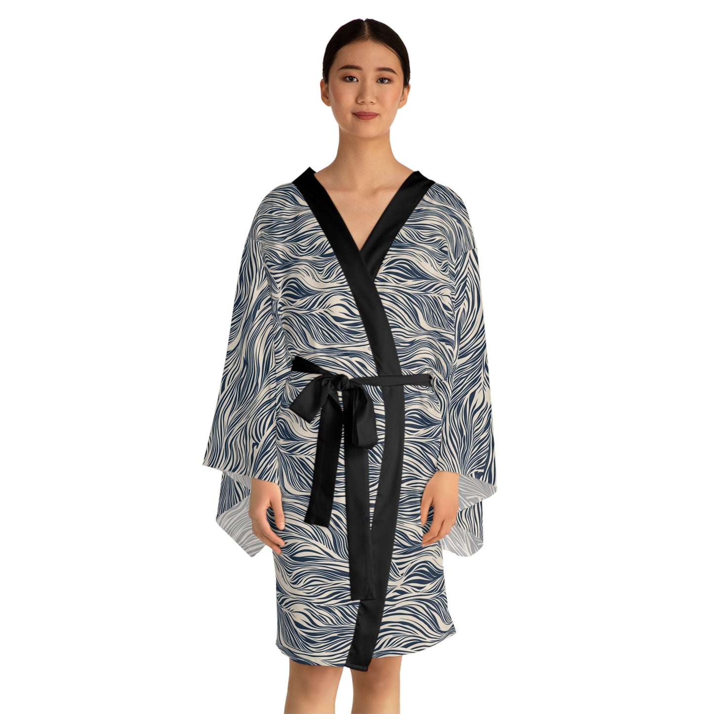 Kimono Robe - Ocean Zen Waves In Navy And Cream