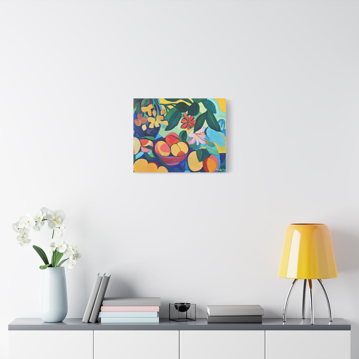 Canvas Art - Colorful Flowers And Peaches In Bowl Still Life Wall Decor