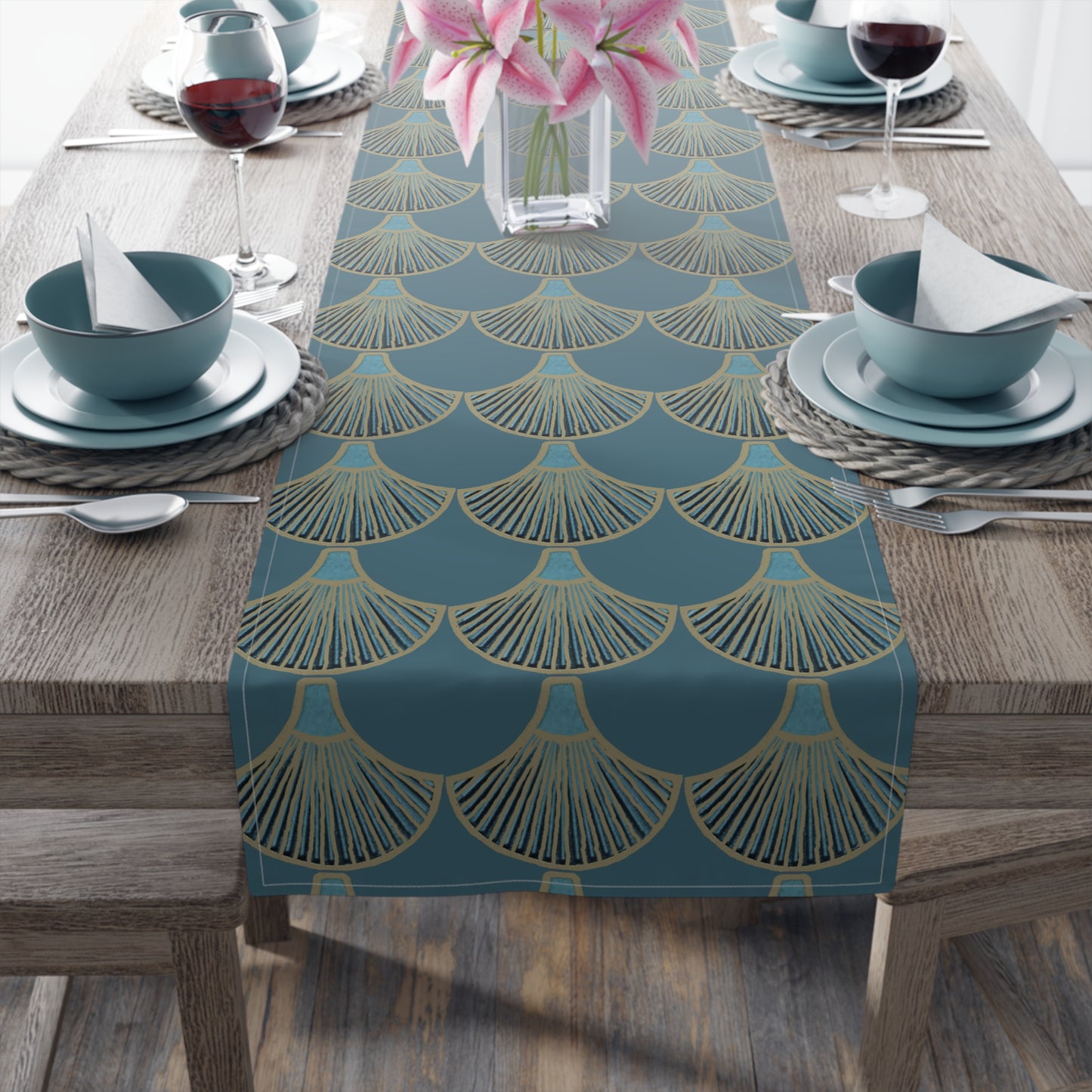 Table Runner - Mermaid Fan Design In Peacock Hues for Stylish Entertaining