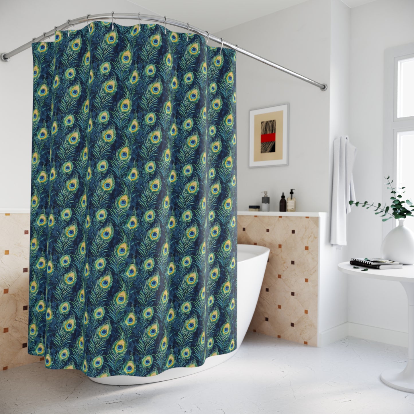 Shower Curtains - Peacock Feathers In Navy, Aqua And Gold