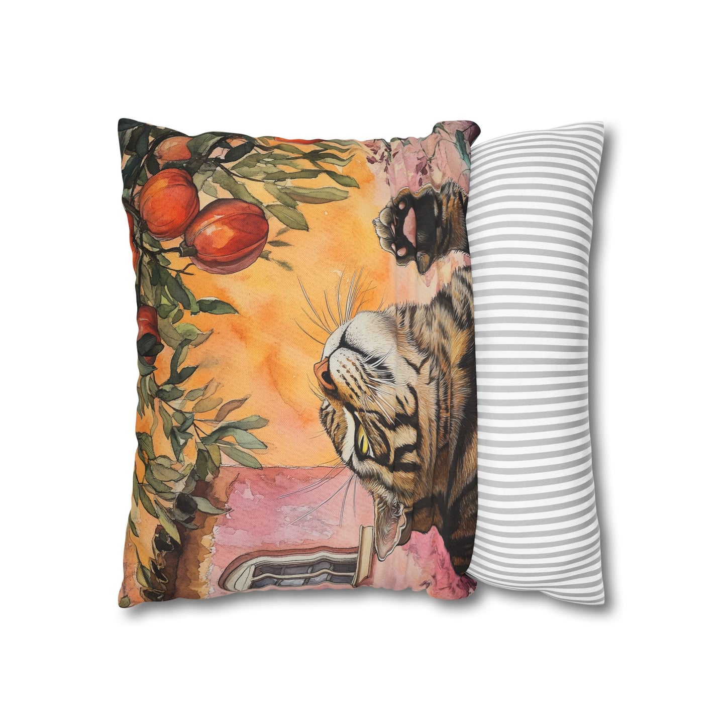 Square Pillow Cover – Pink House Tiger Cat And Persimmon Fruit