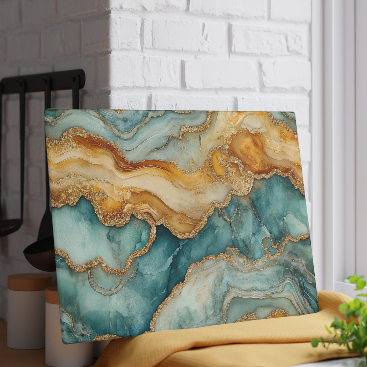Glass Cutting Board - Geode Design, Marbled Gold and Aqua, Kitchen Decor
