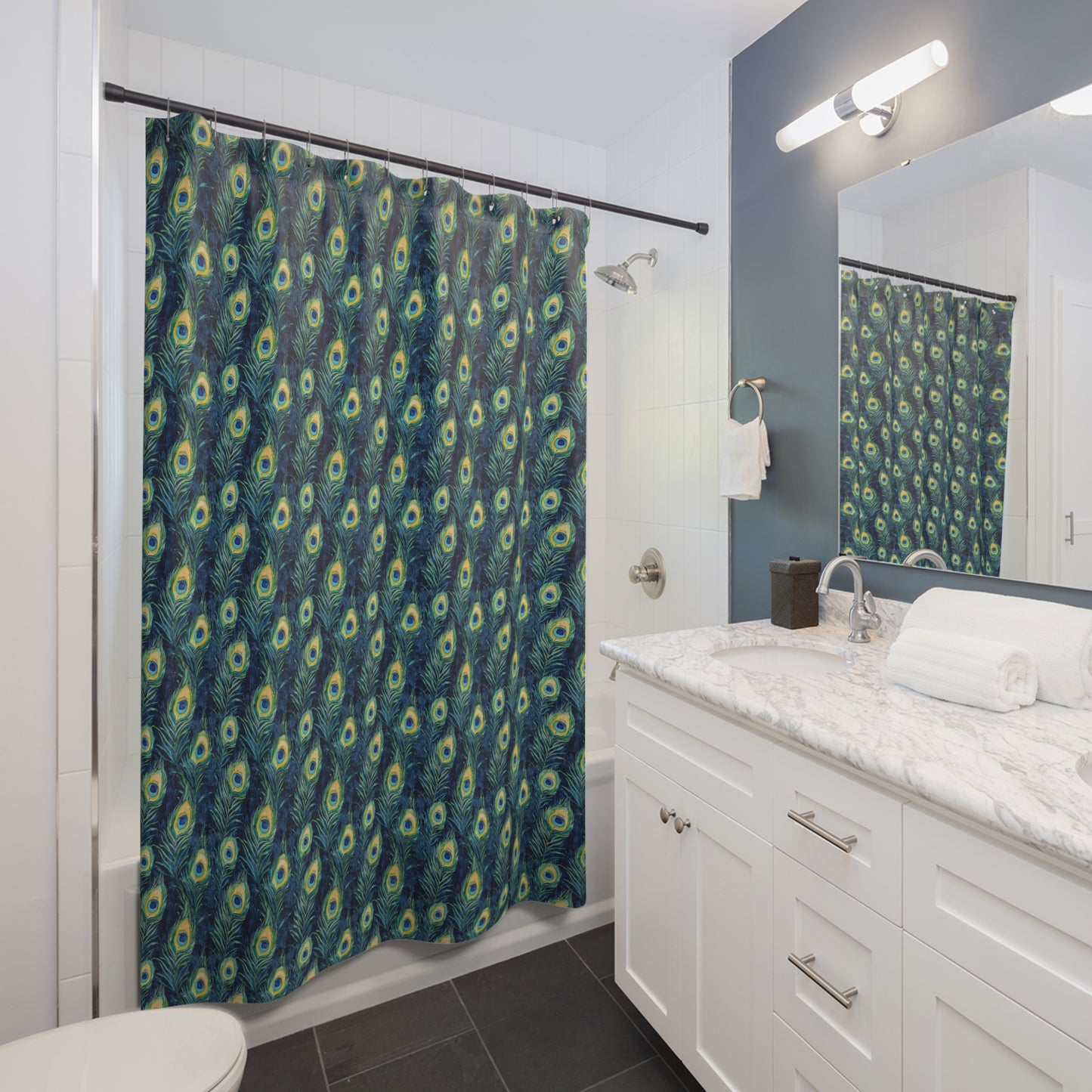 Shower Curtains - Peacock Feathers In Navy, Aqua And Gold