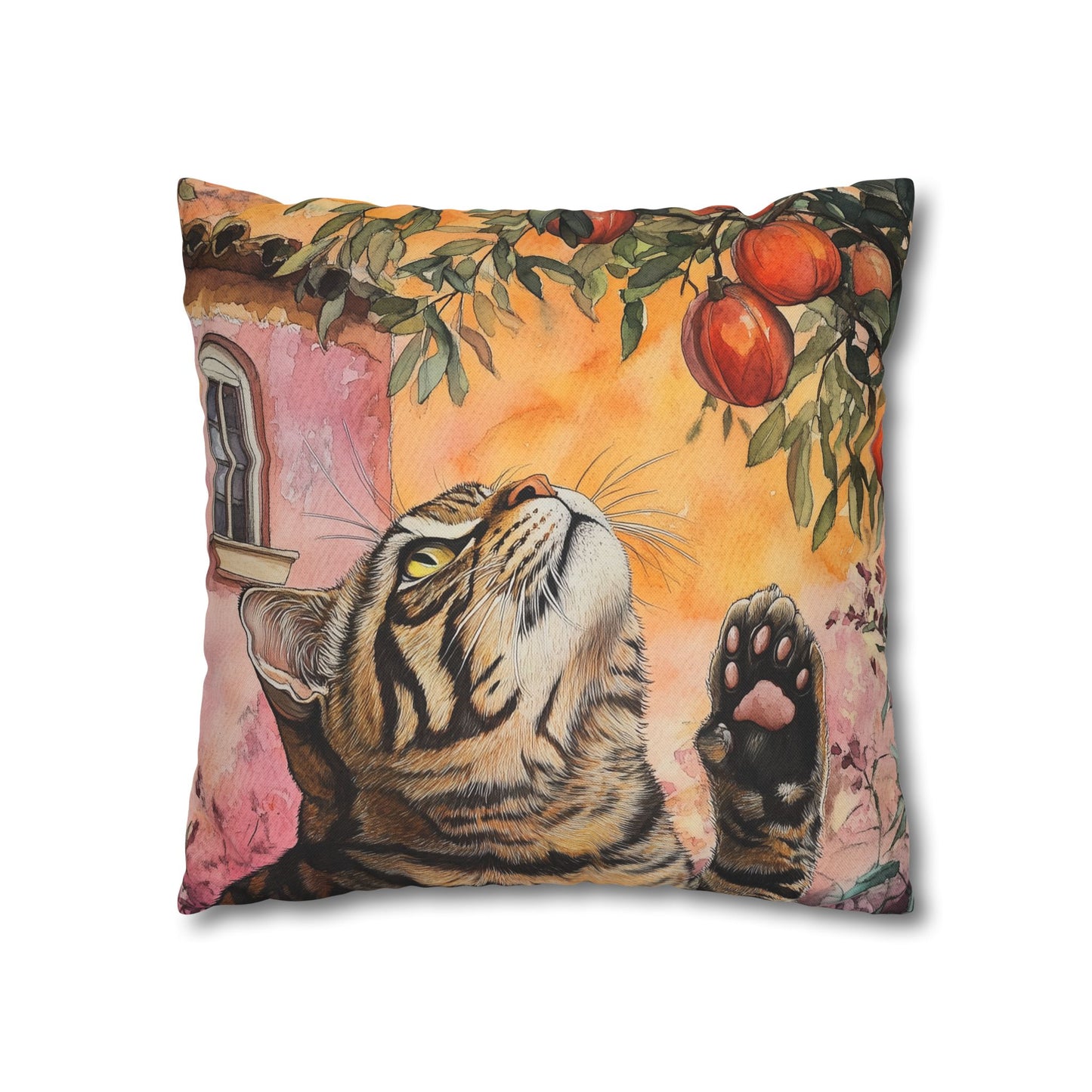 Square Pillow Cover – Pink House Tiger Cat And Persimmon Fruit