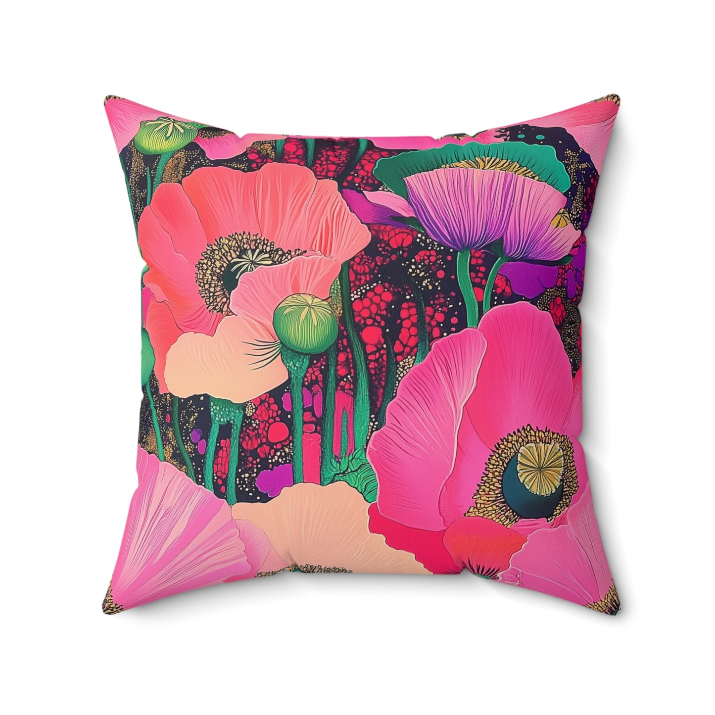 Square Pillow - Fuchsia Pink Poppies Floral Faux Suede