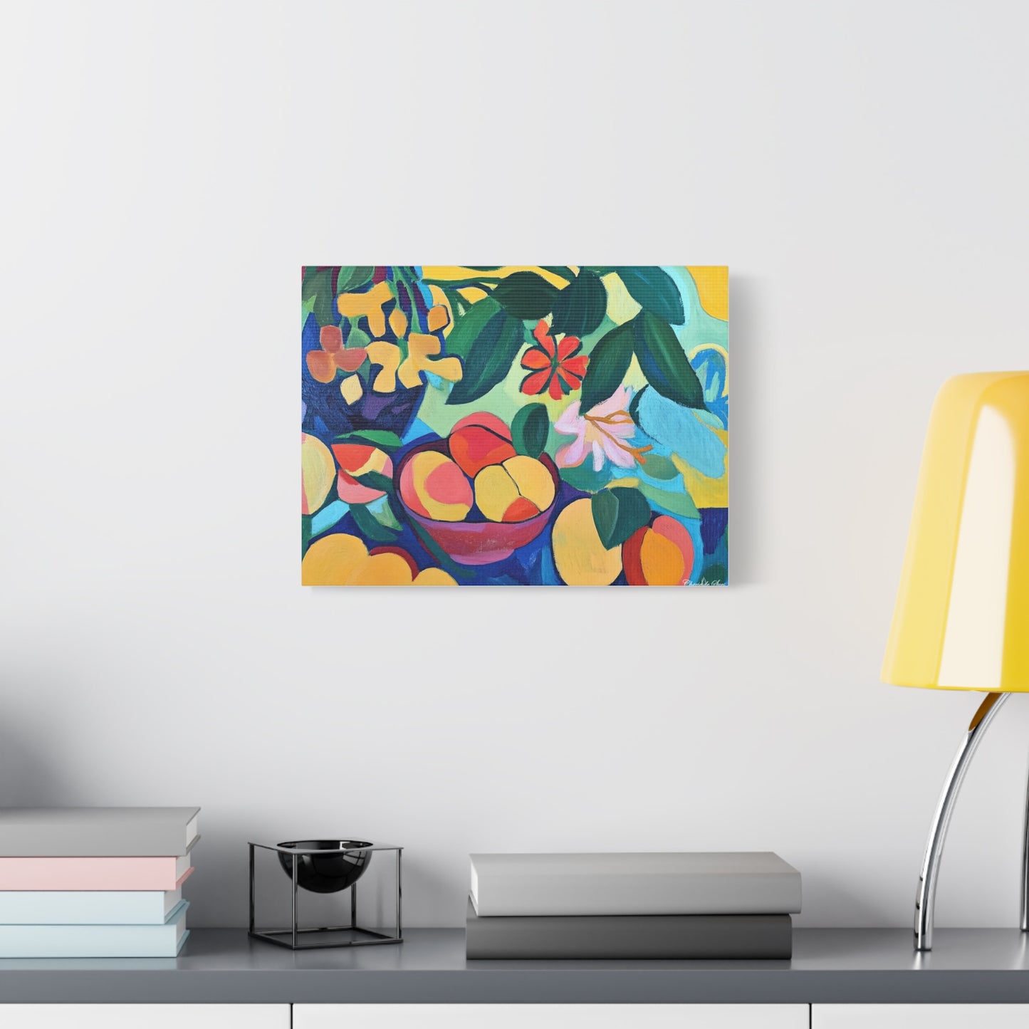 Canvas Art - Colorful Flowers And Peaches In Bowl Still Life Wall Decor