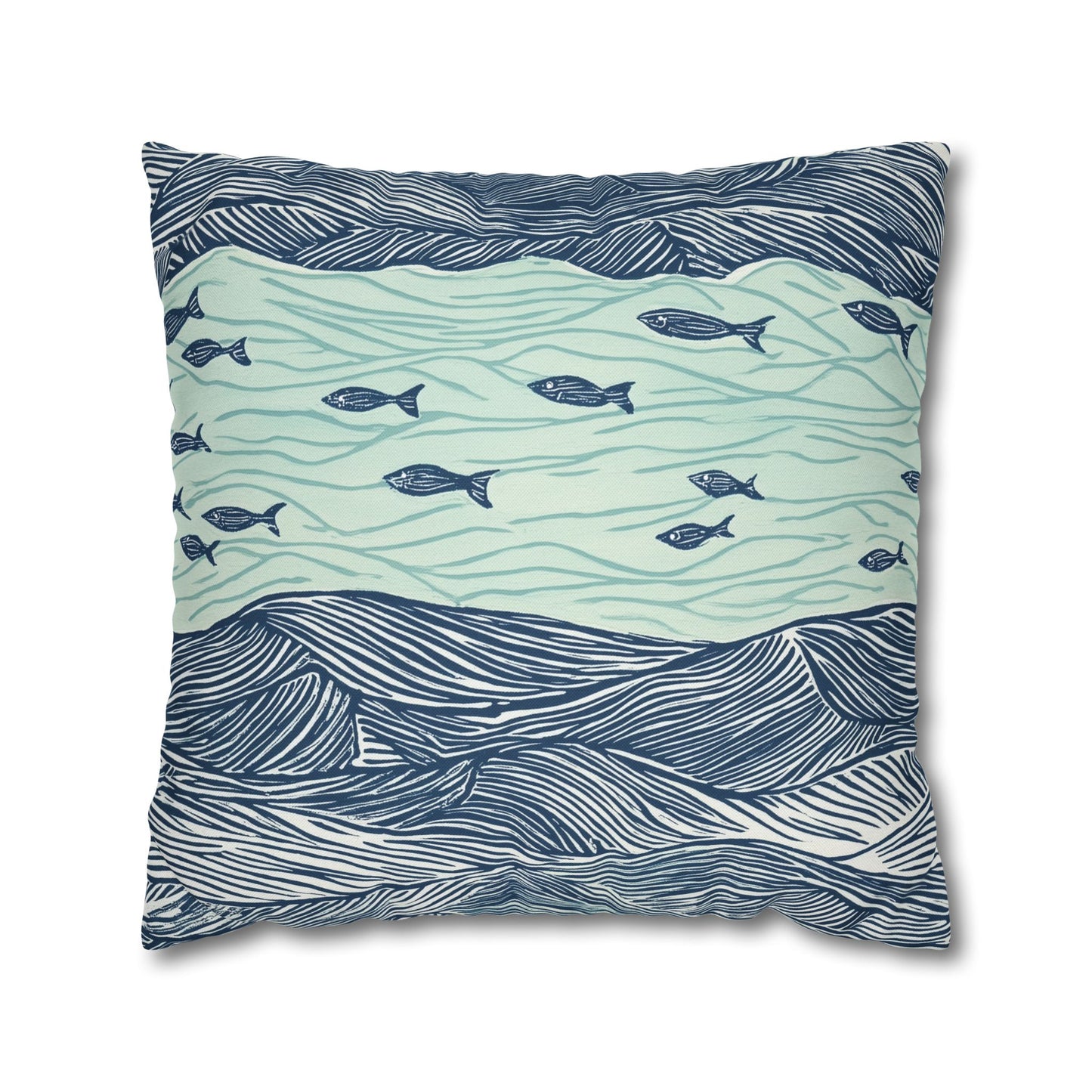 Square Pillow Cover - Coastal Nautical Waves And Fish