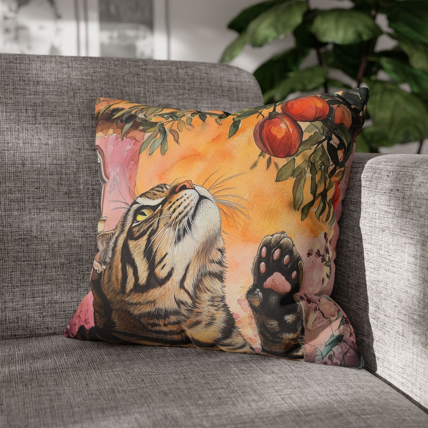Square Pillow Cover – Pink House Tiger Cat And Persimmon Fruit