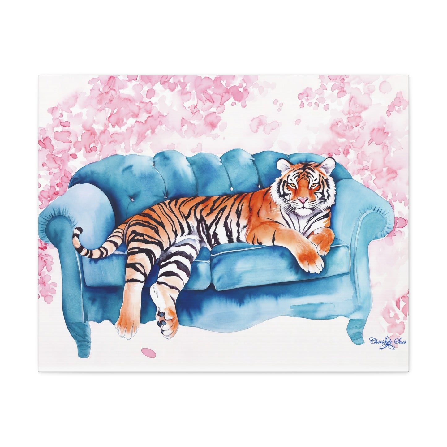 Canvas Art – Tiger Lounging On Blue Couch Wall Decor