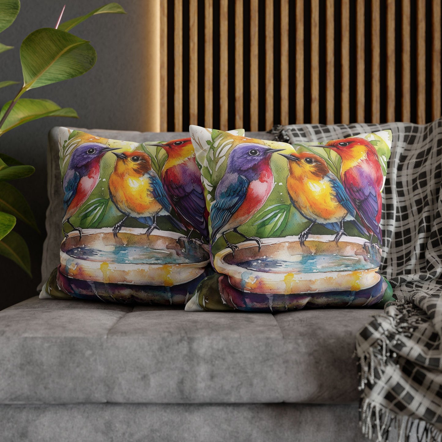 Square Pillow Cover - Colorful Birds In A Birdbath