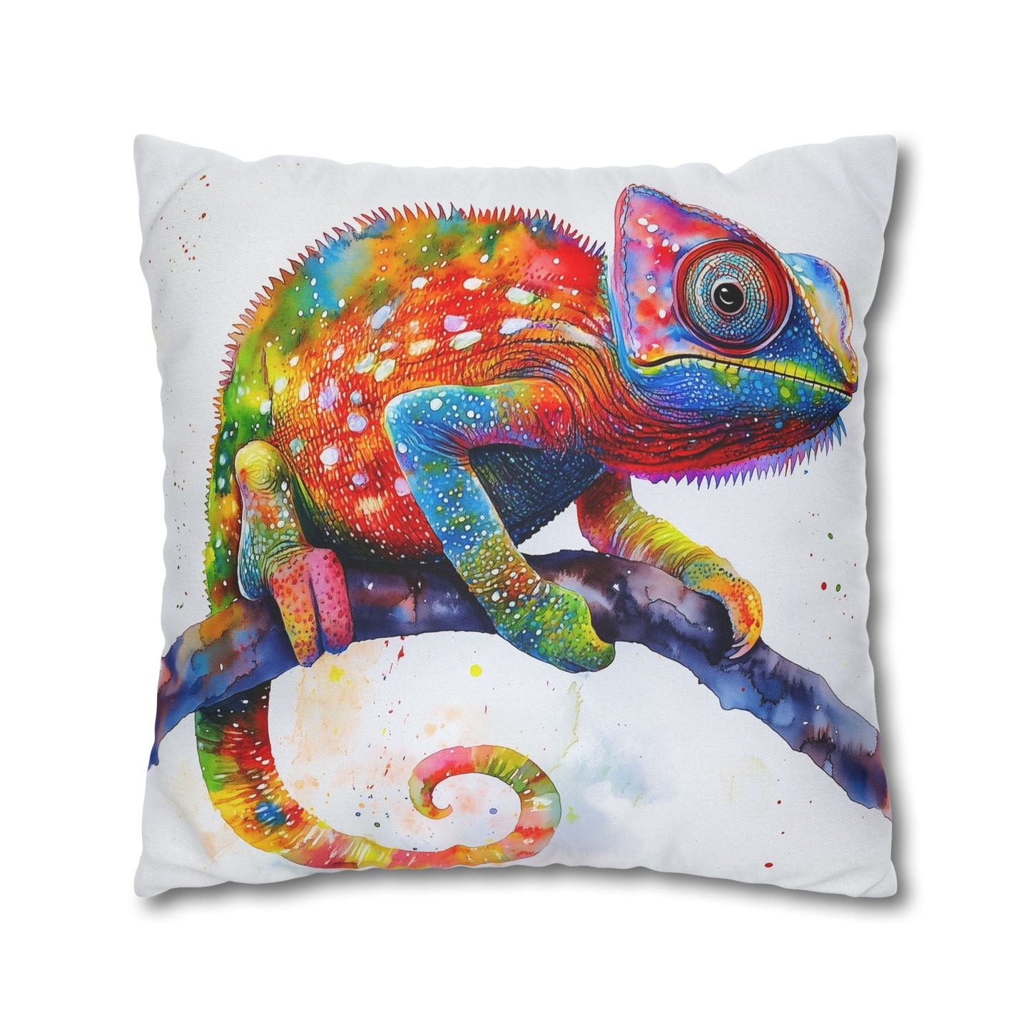 Square Pillow Cover – Colorful Chameleon Watercolor