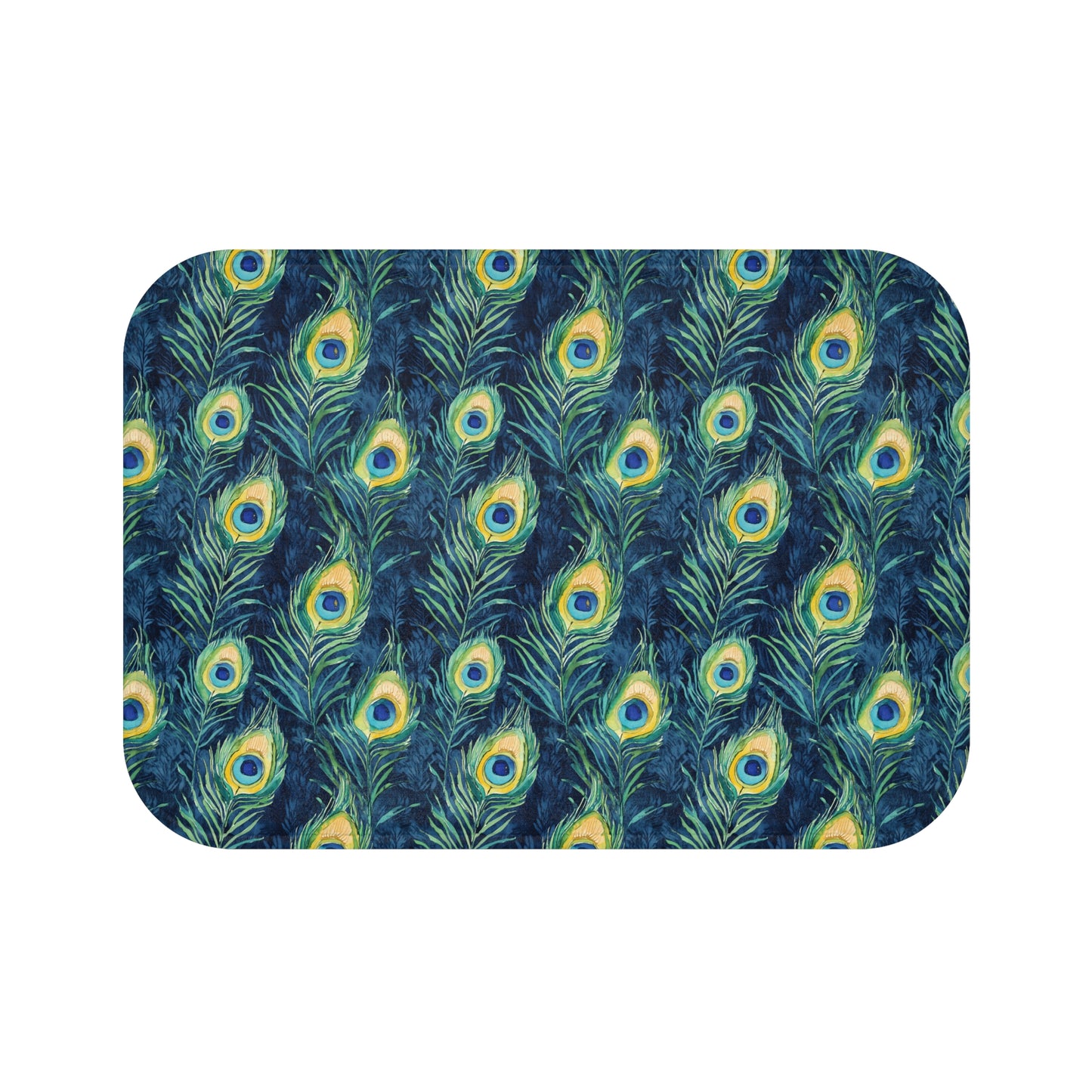 Bath Mat - Elegant Peacock Feathers In Navy, Aqua And Gold