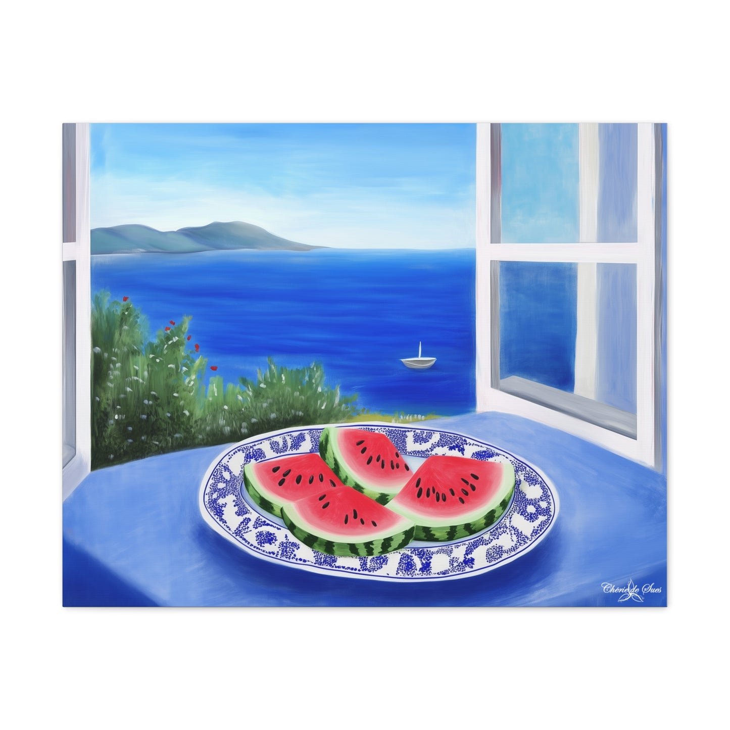 Canvas Art - Sea View Watermelon On Blue Plate Still Life