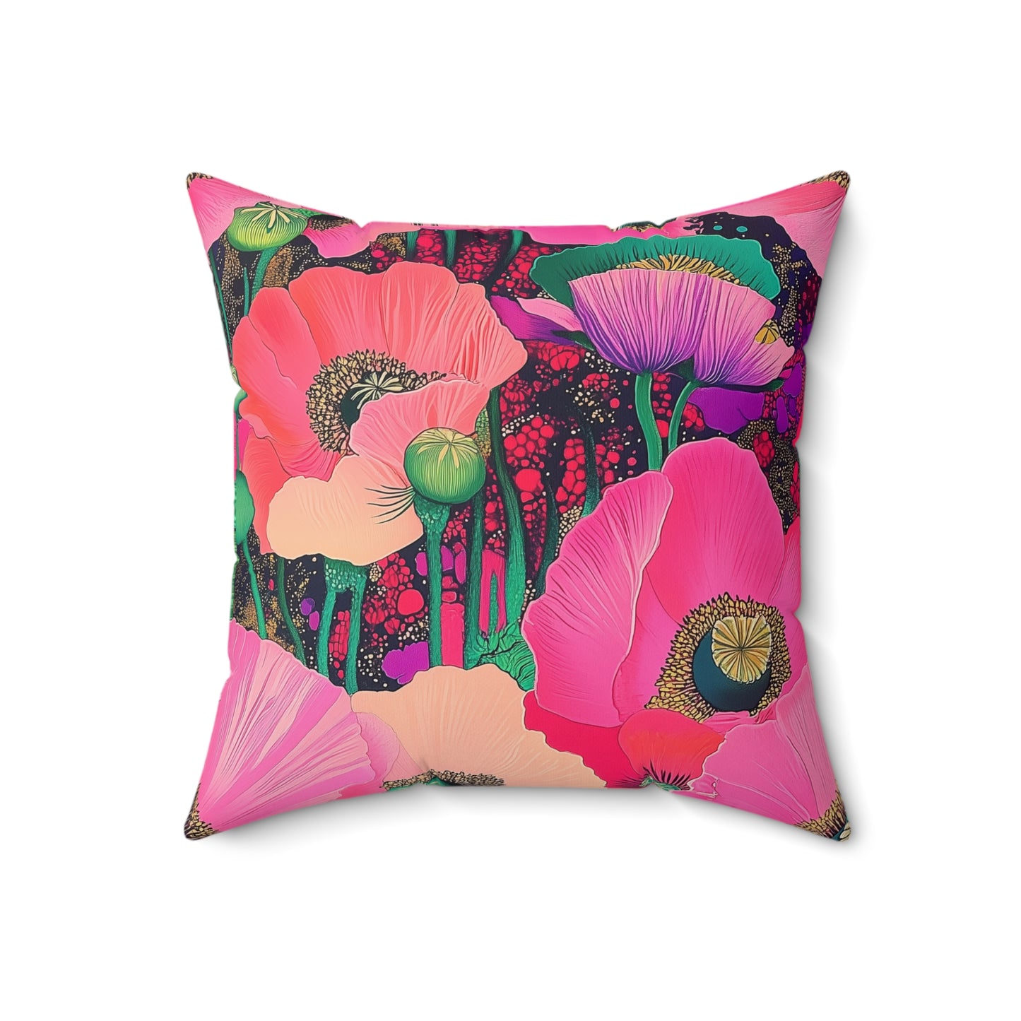 Square Pillow - Fuchsia Pink Poppies Floral Faux Suede
