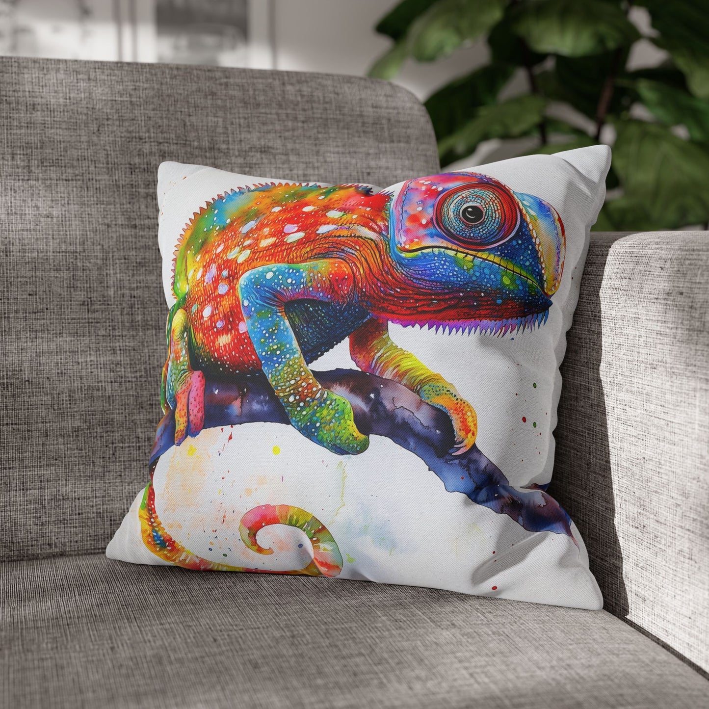 Square Pillow Cover – Colorful Chameleon Watercolor