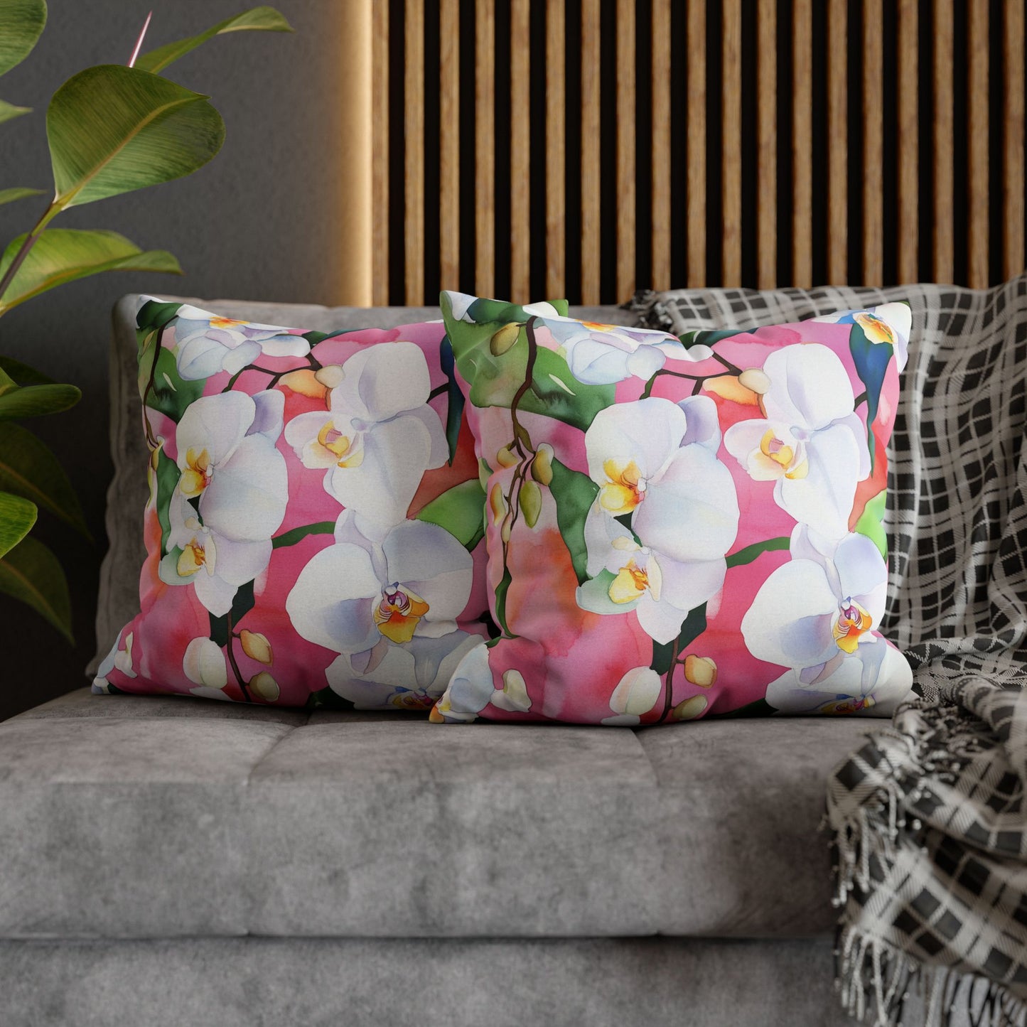 Square Pillow Cover - White Orchids On Pink Background