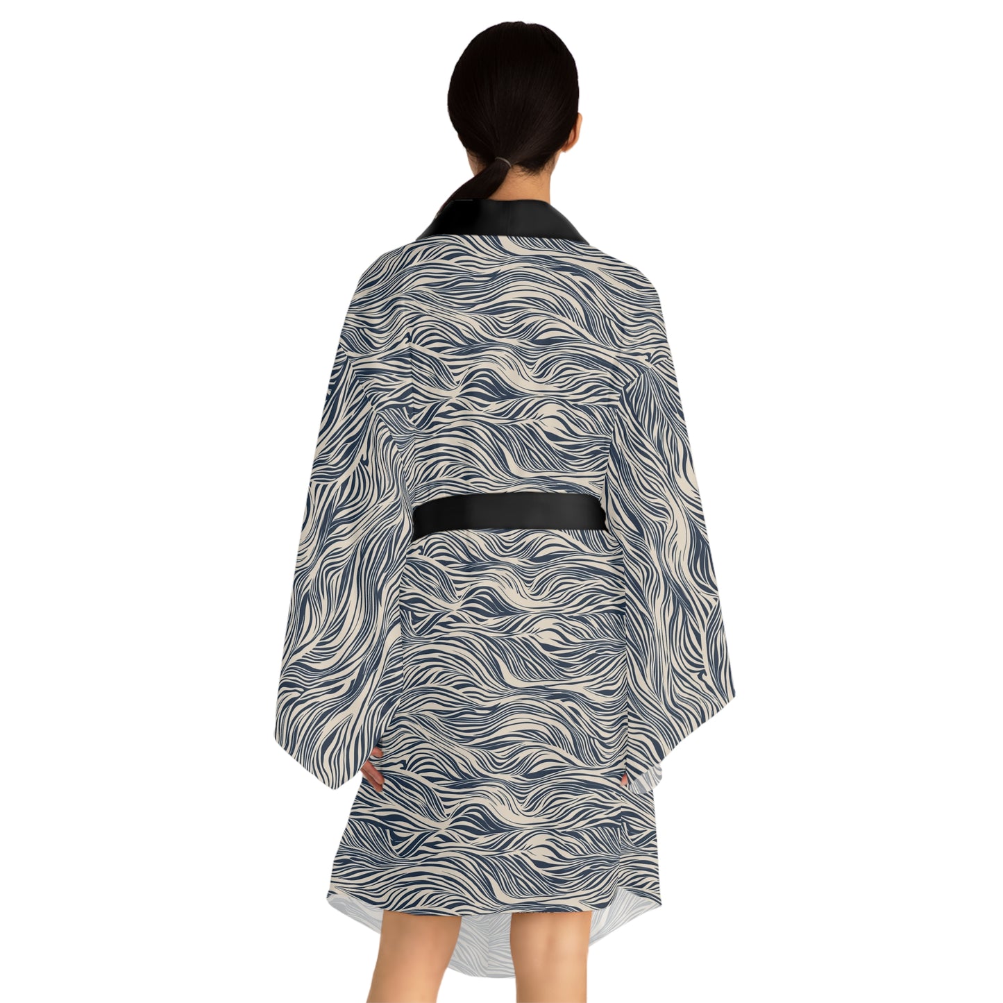 Kimono Robe - Ocean Zen Waves In Navy And Cream