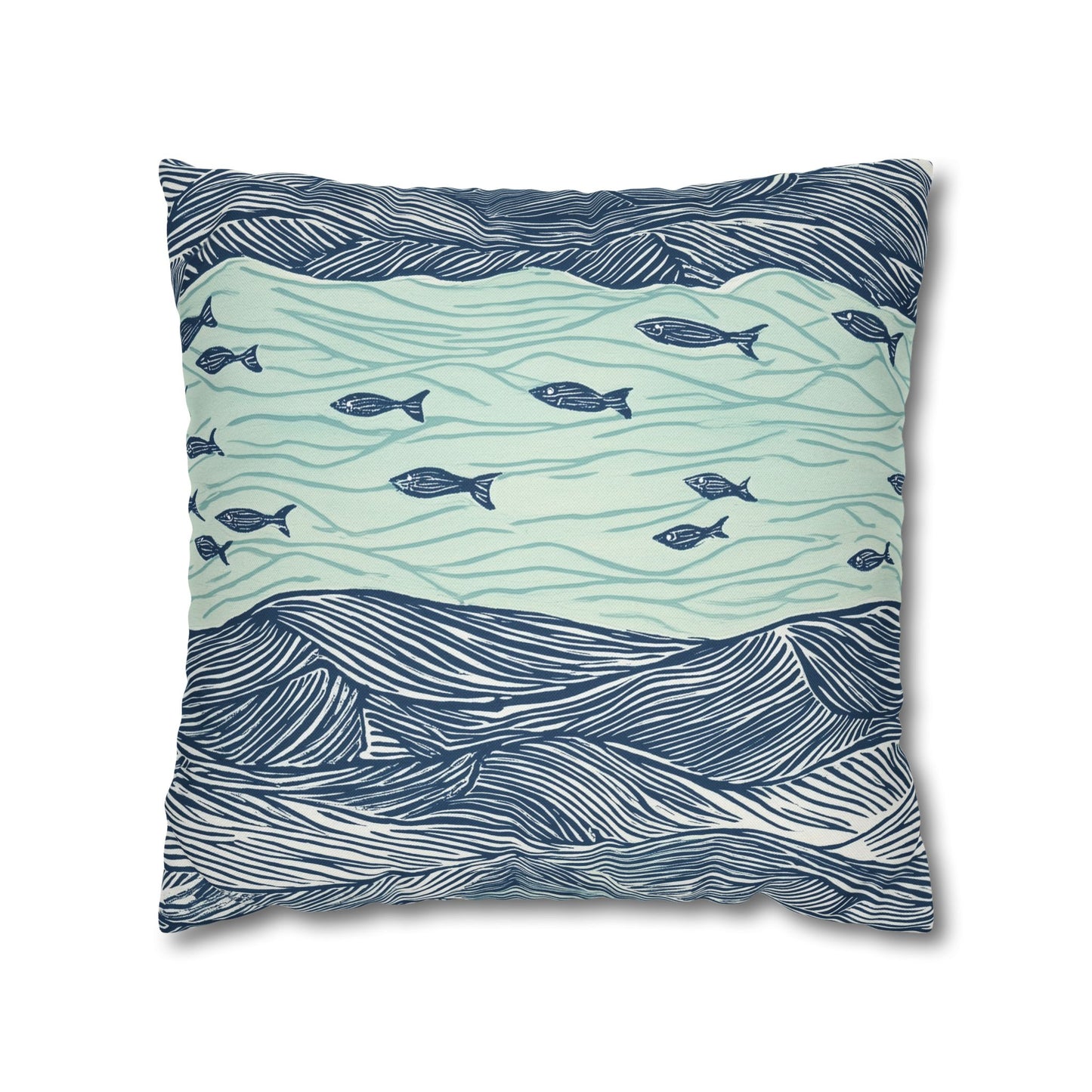 Square Pillow Cover - Coastal Nautical Waves And Fish