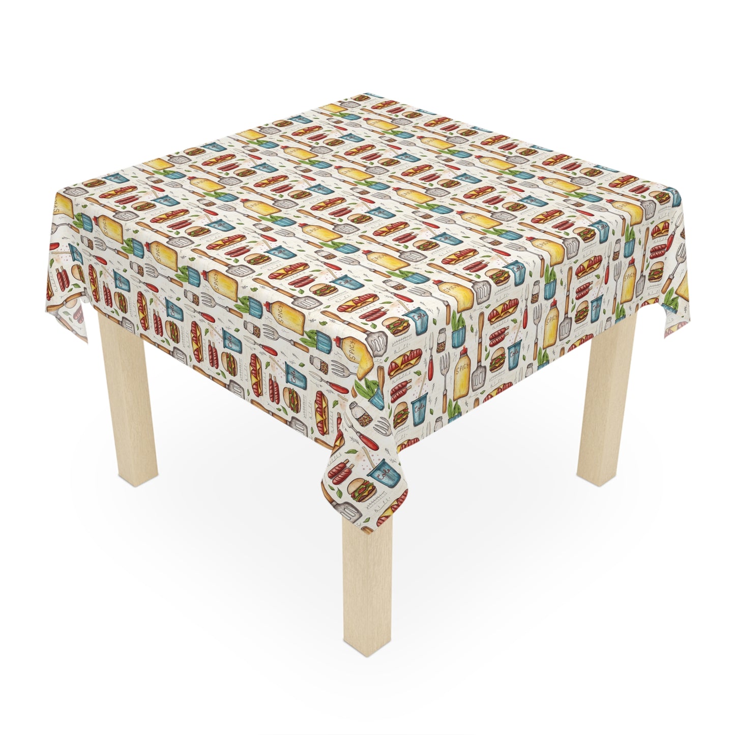 Square Tablecloth - Hotdog Hamburger BBQ Tools And Condiments For Summer BBQ's and Picnics
