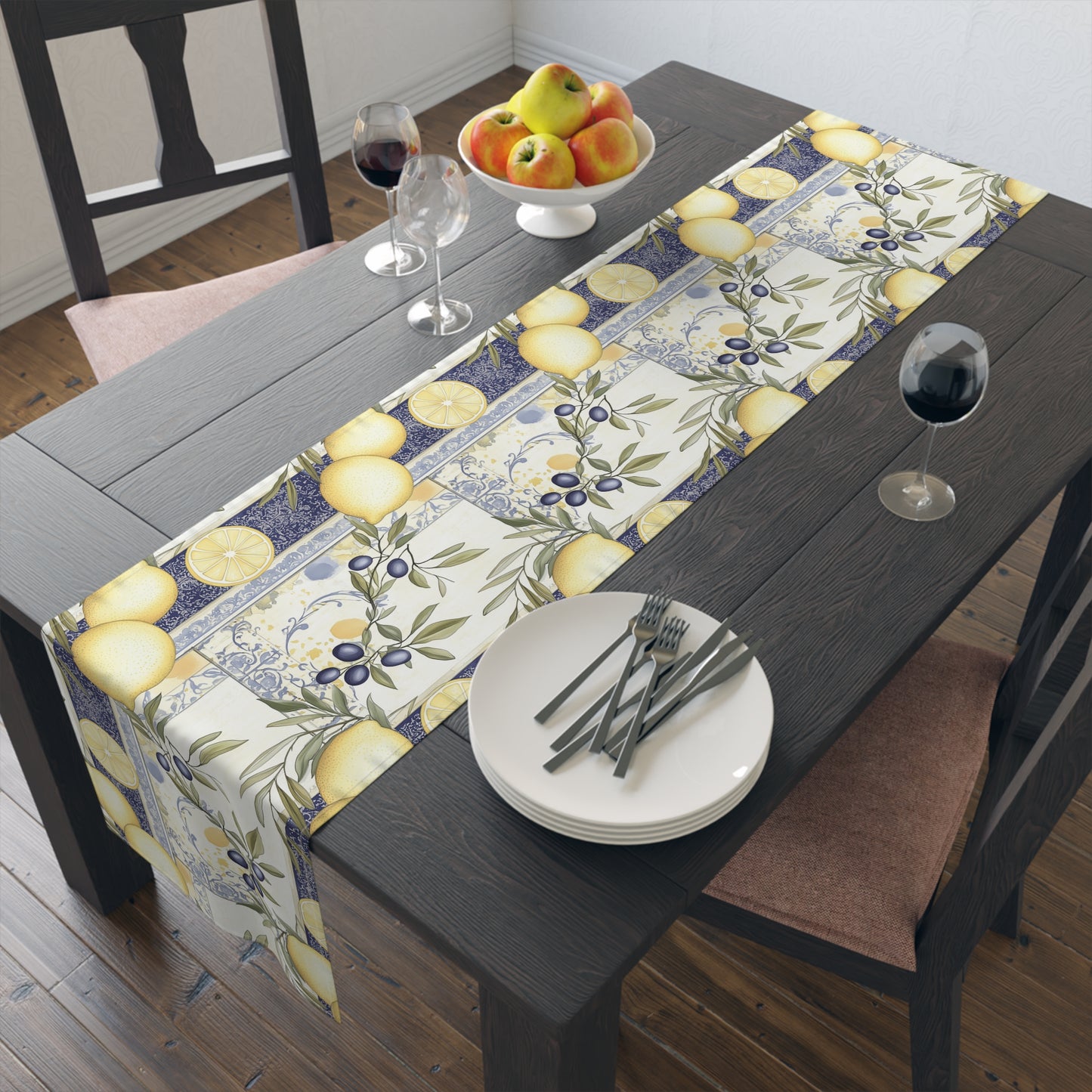 Table Runner - Cotton Mediterranean Tuscun Lemon & Olive Design