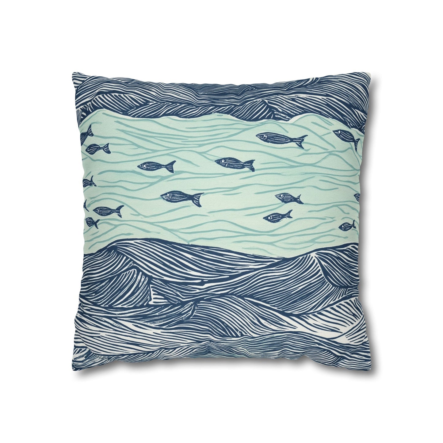 Square Pillow Cover - Coastal Nautical Waves And Fish