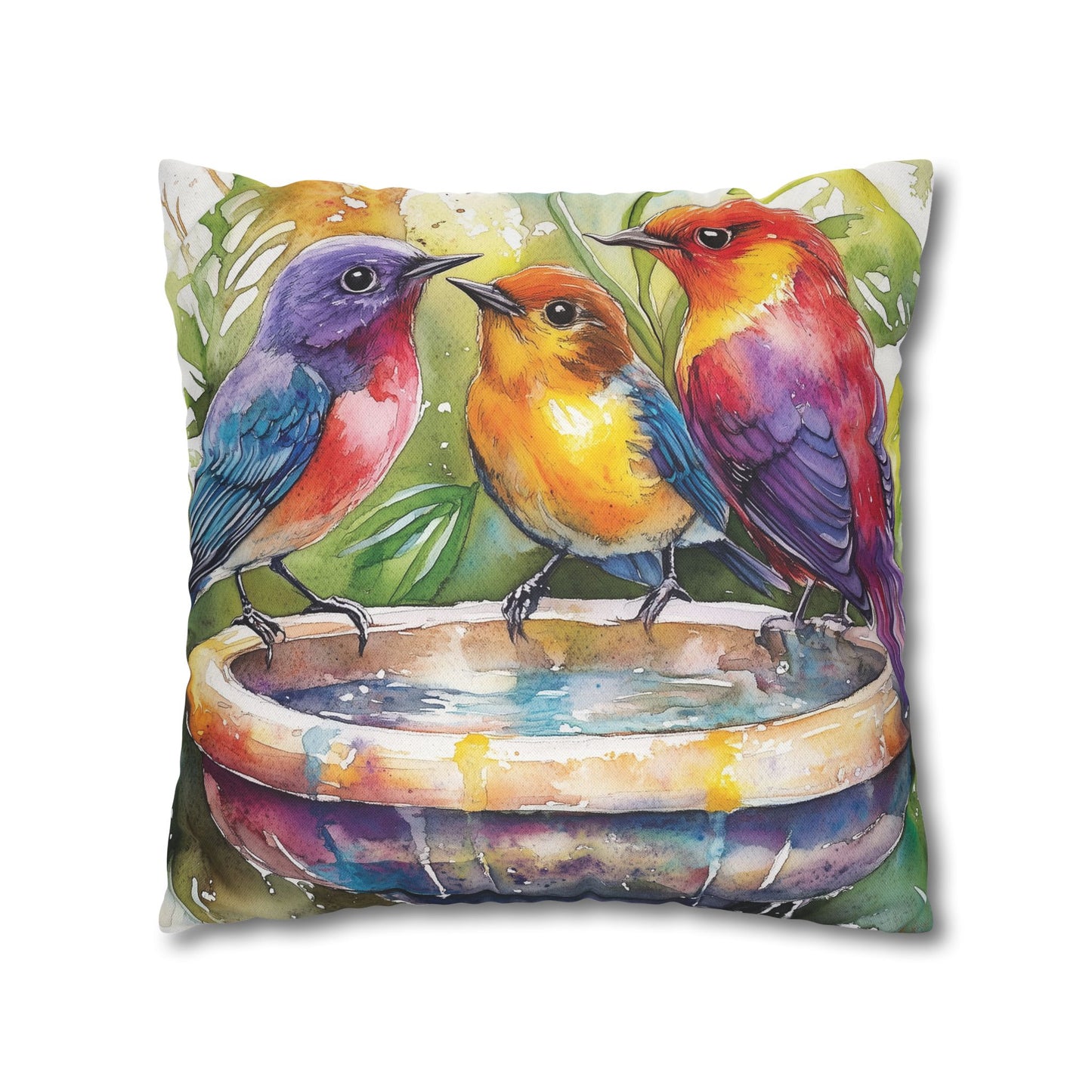 Square Pillow Cover - Colorful Birds In A Birdbath