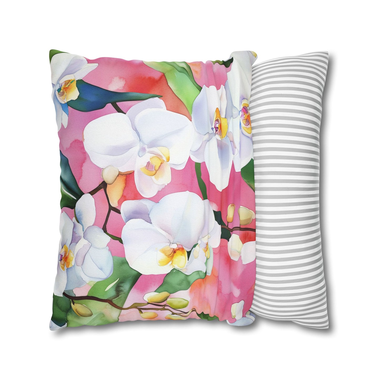 Square Pillow Cover - White Orchids On Pink Background