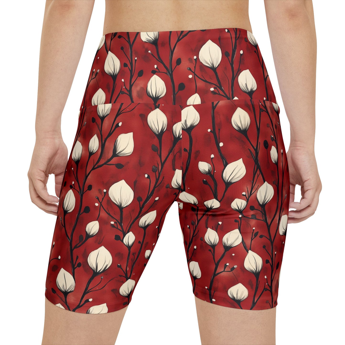 Athletic Shorts - White Puff Flowers On Red Wine Background