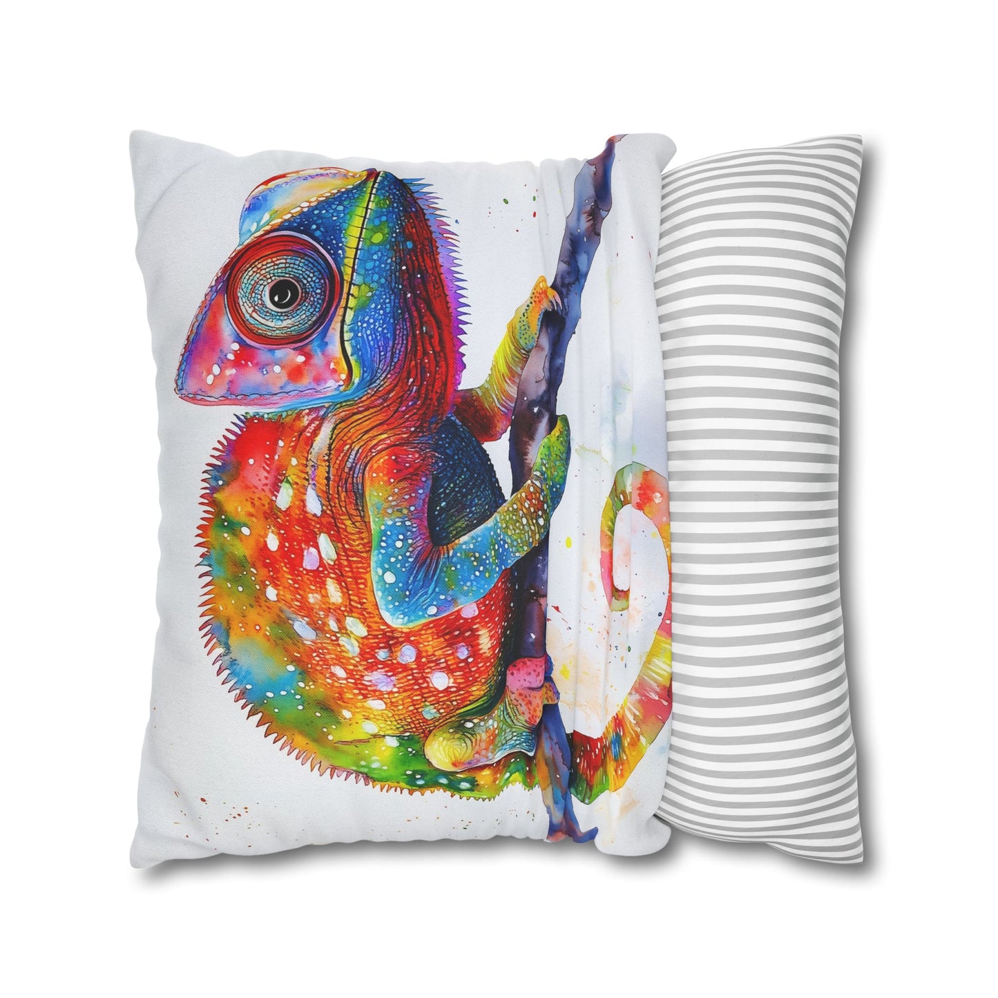 Square Pillow Cover – Colorful Chameleon Watercolor