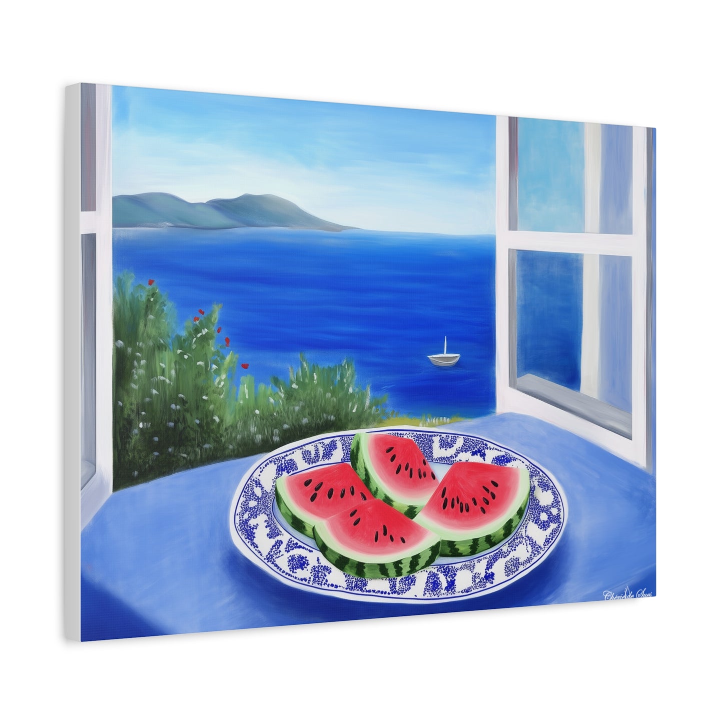 Canvas Art - Sea View Watermelon On Blue Plate Still Life