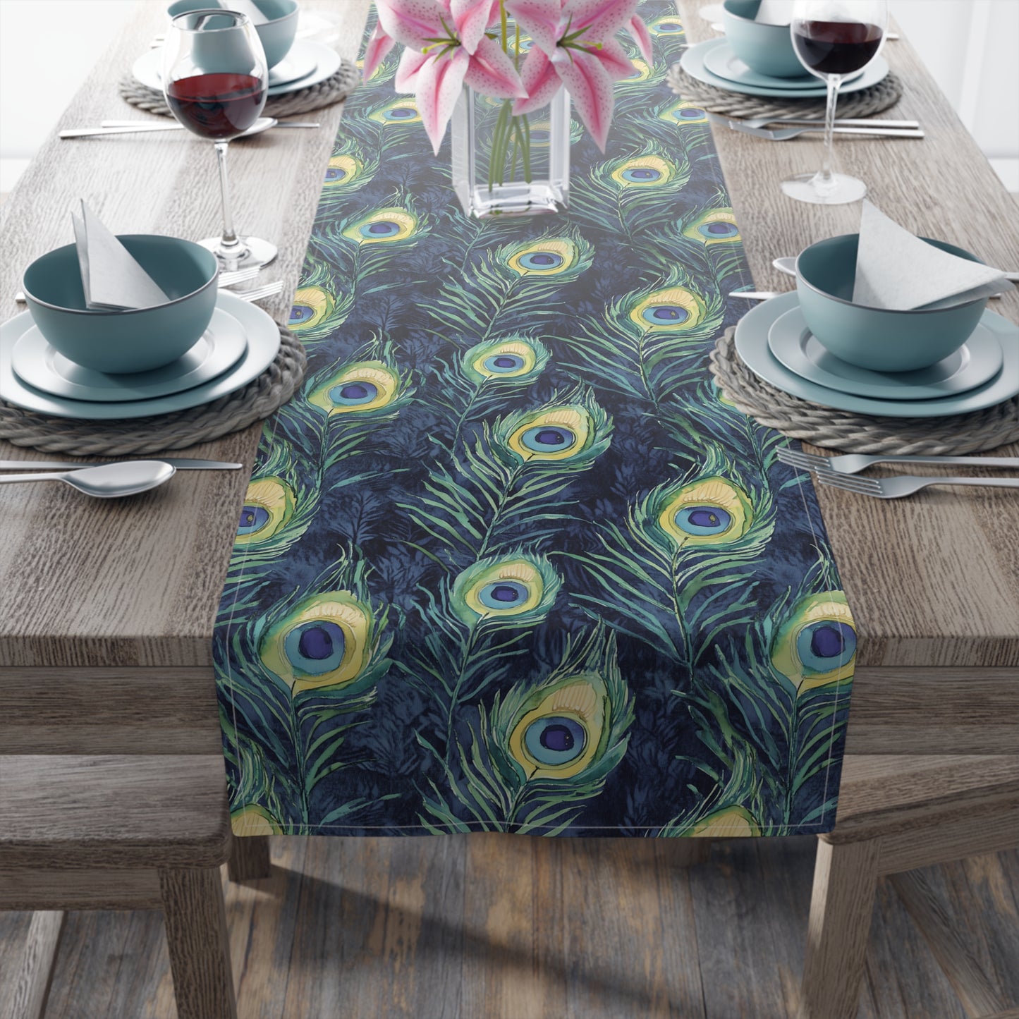 Table Runner - Elegant Peacock Feathers