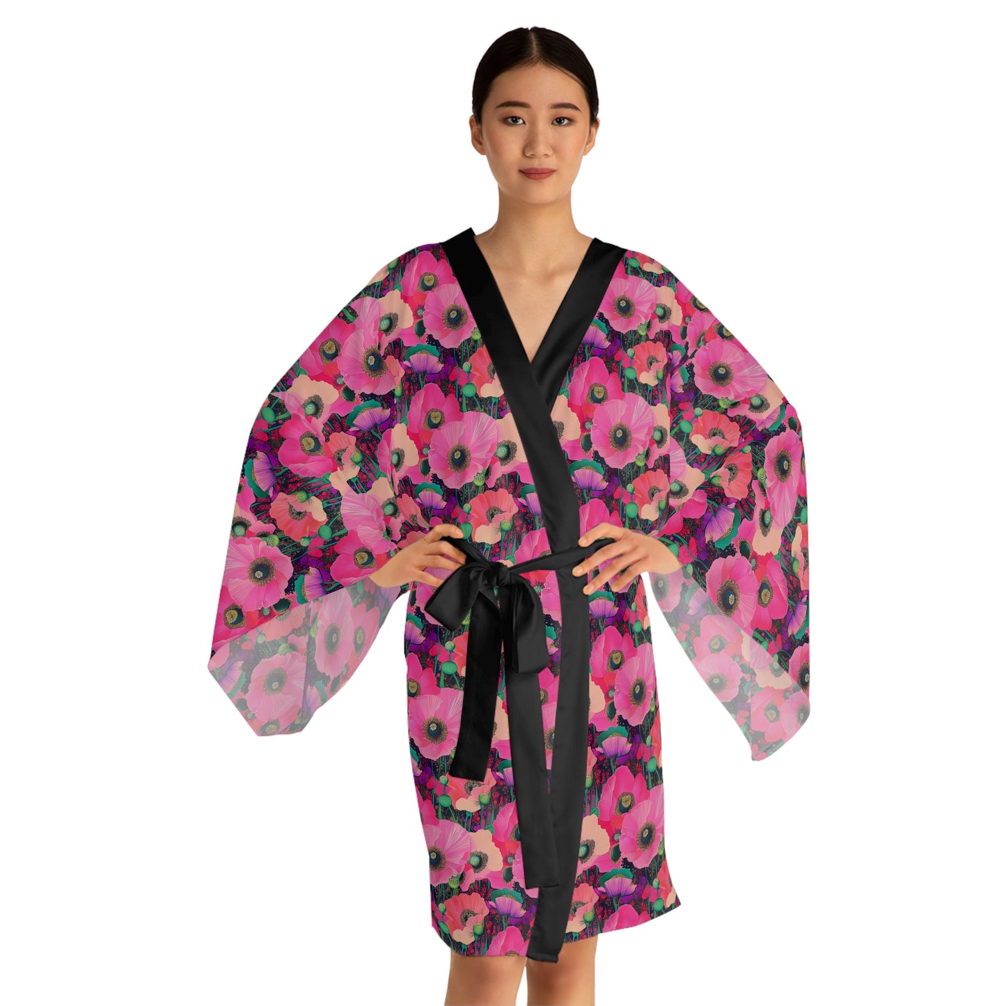Kimono Robe - Fuchsia Pink Field Of Poppies