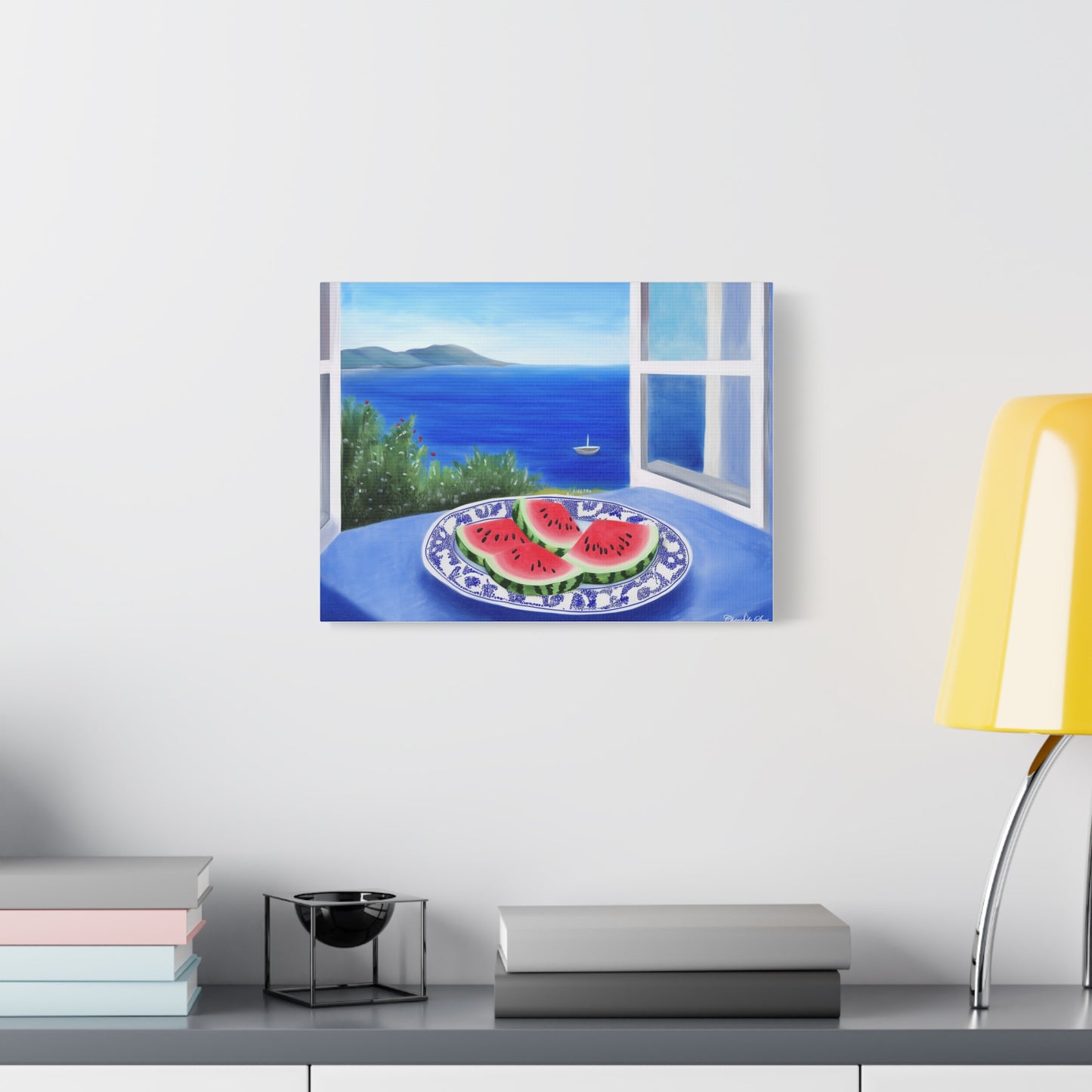 Canvas Art - Sea View Watermelon On Blue Plate Still Life