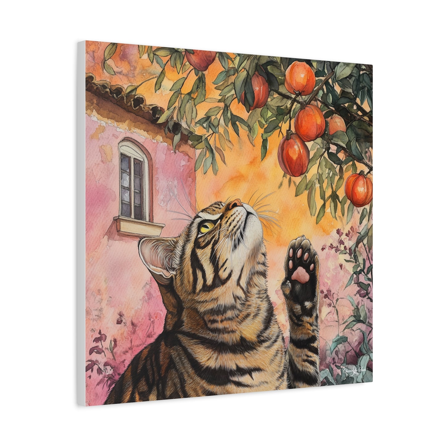 Canvas Art - Pink House Tiger Cat And Persimmons