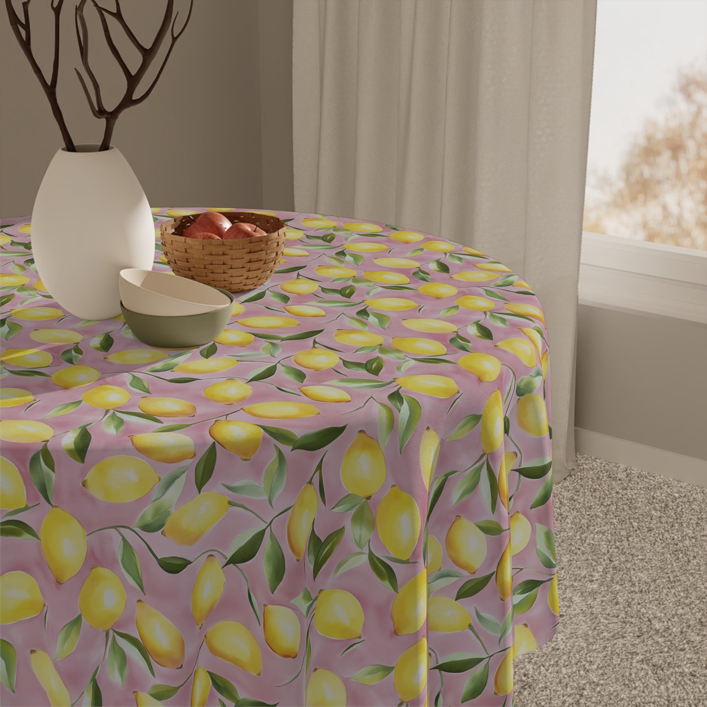 Square Tablecloth - Ripe Lemons On Pink Watercolor