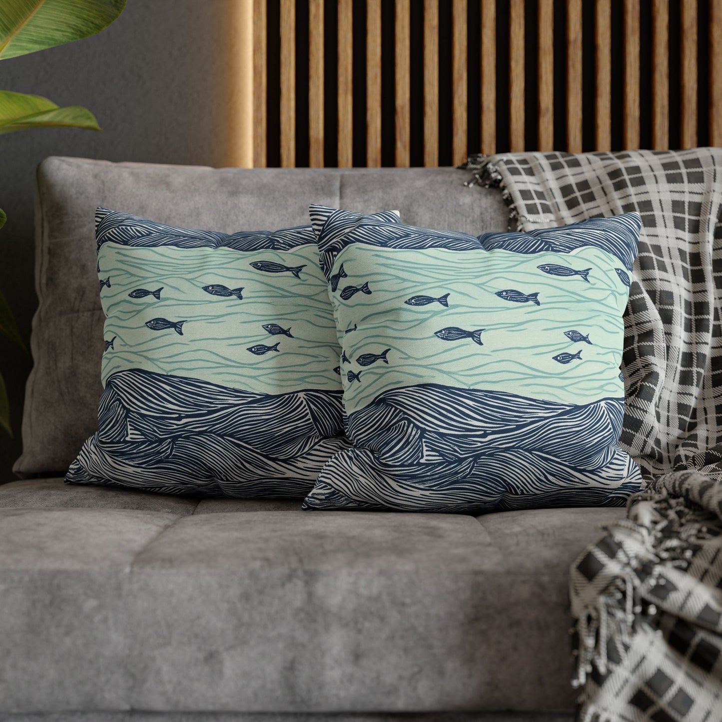 Square Pillow Cover - Coastal Nautical Waves And Fish