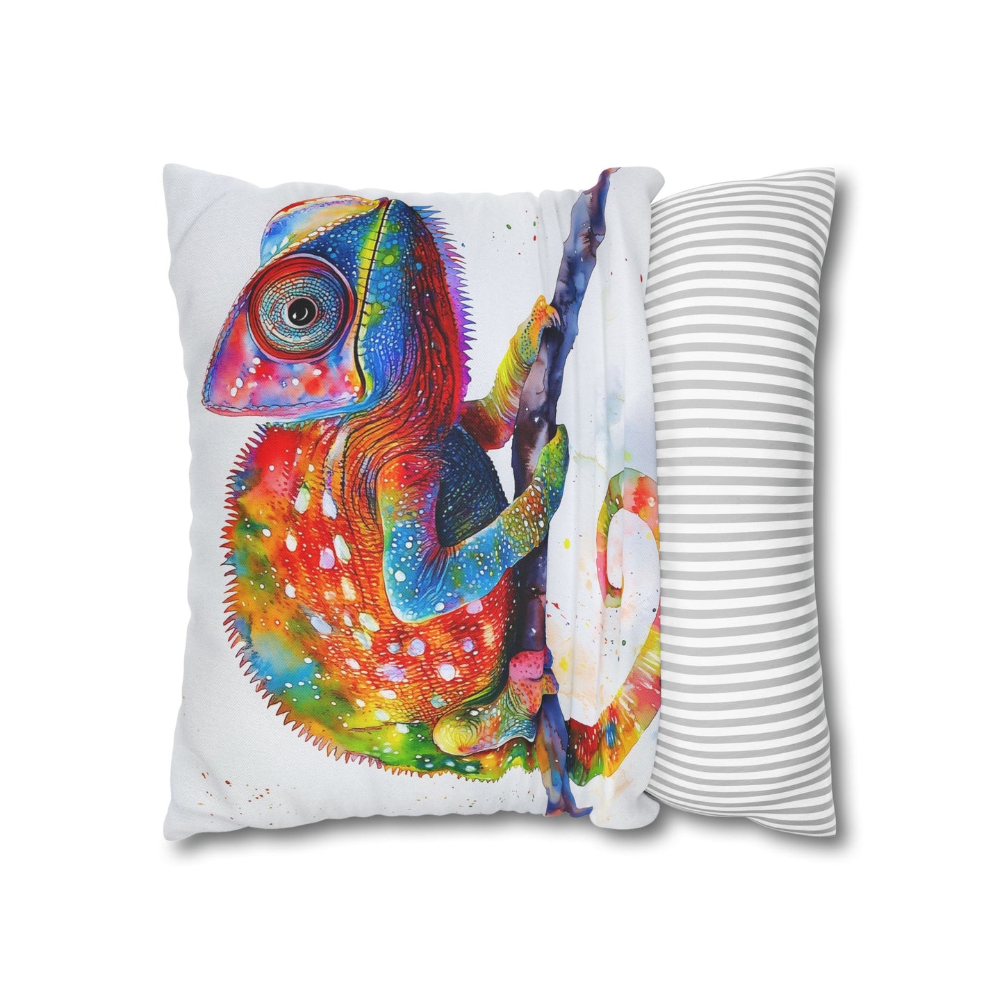 Square Pillow Cover – Colorful Chameleon Watercolor