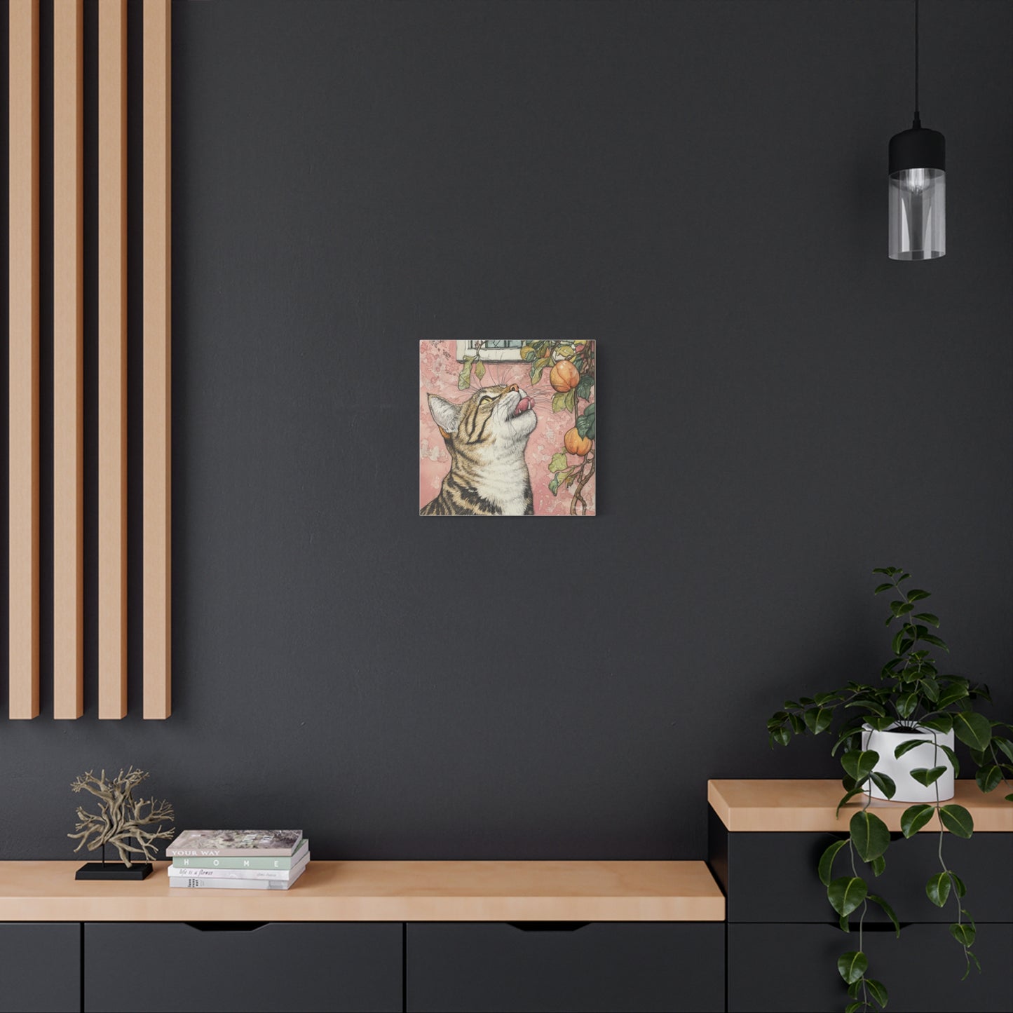 Canvas Art - Pink House Tiger Cat And Persimmons Matte Canvas