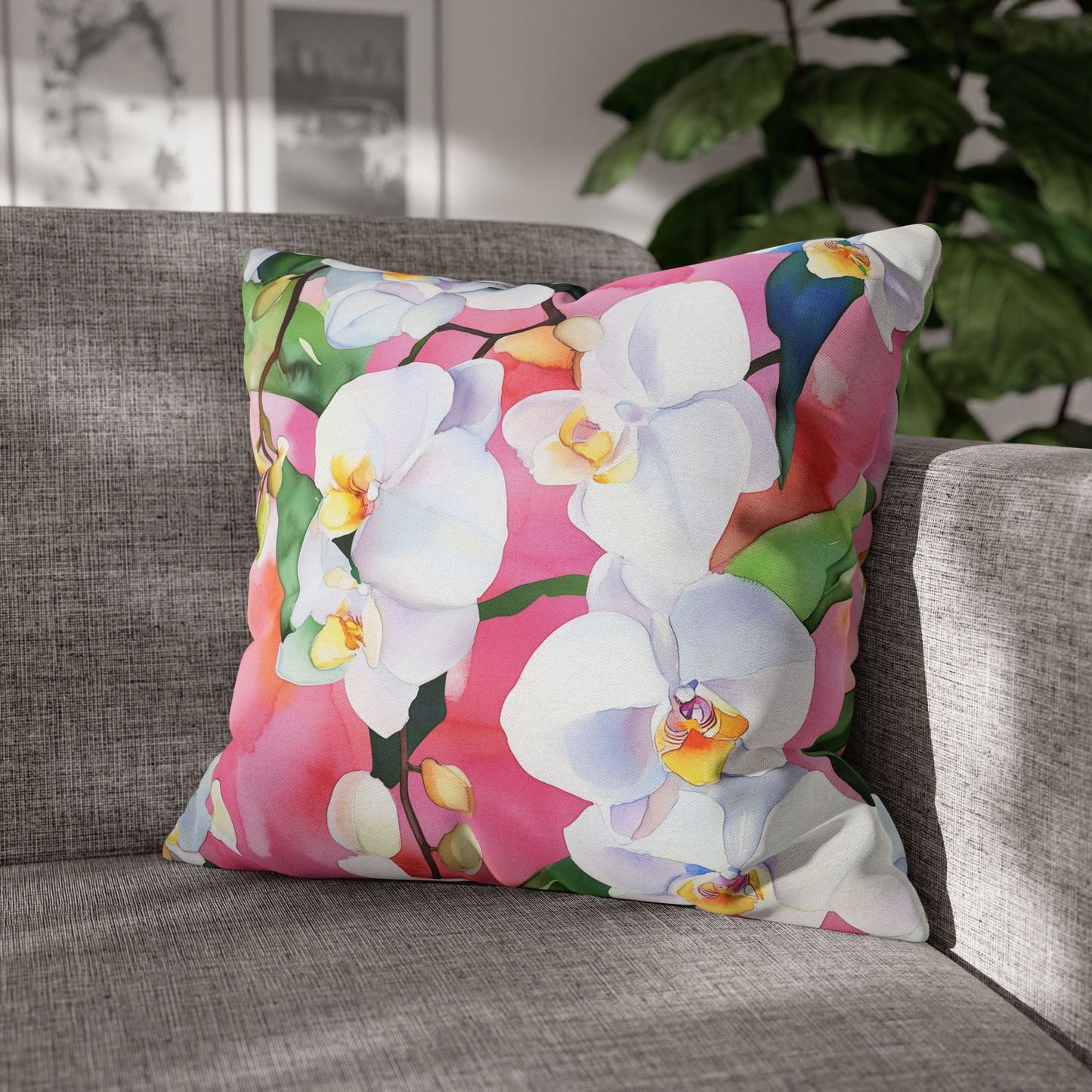 Square Pillow Cover - White Orchids On Pink Background