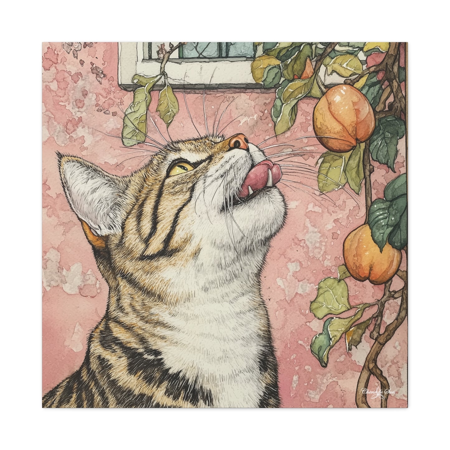Canvas Art - Pink House Tiger Cat And Persimmons Matte Canvas