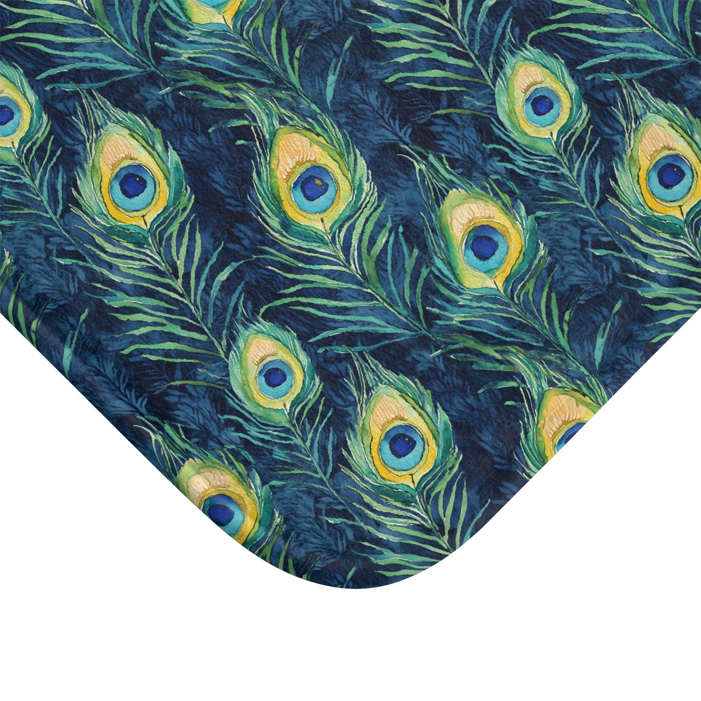 Bath Mat - Elegant Peacock Feathers In Navy, Aqua And Gold
