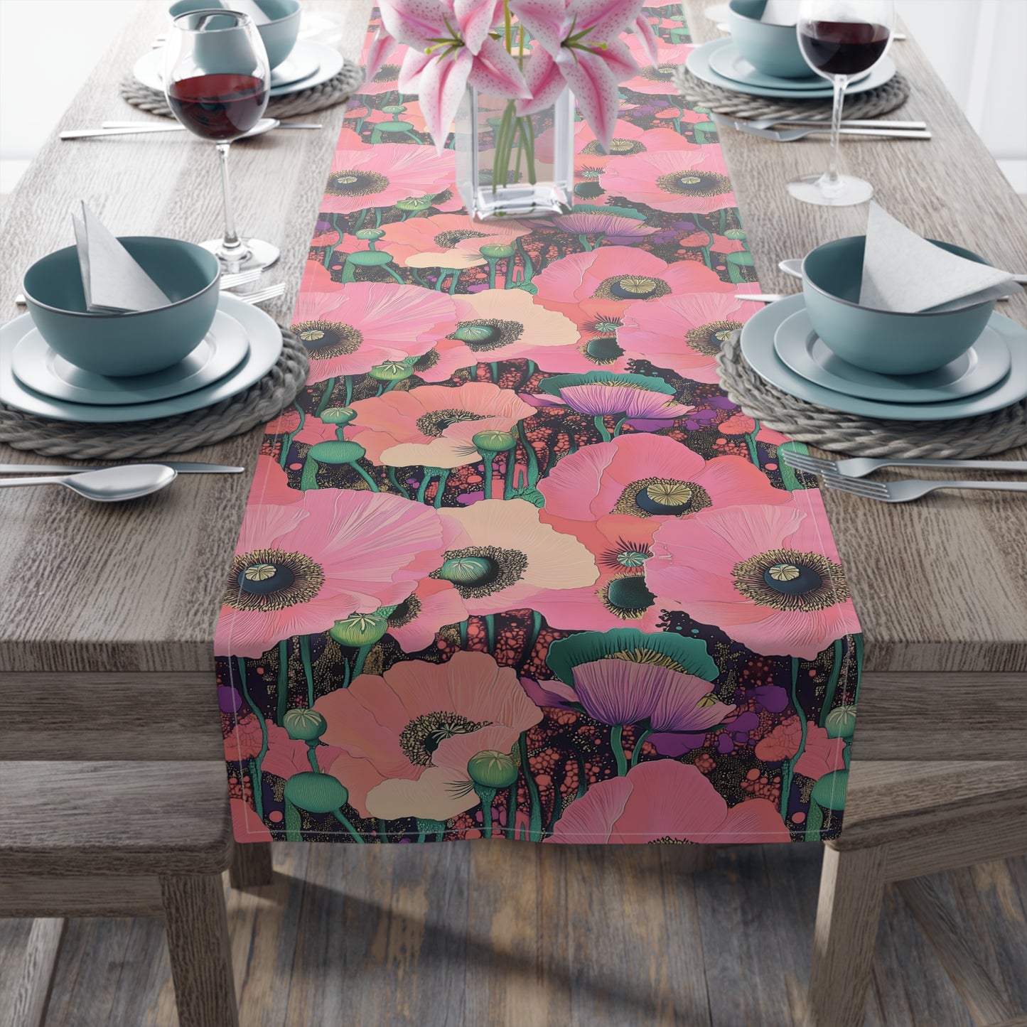 Table Runner - Elegant Pink Poppy Floral On Fresh Cotton