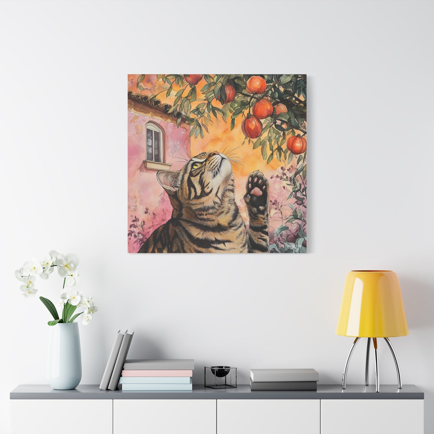 Canvas Art - Pink House Tiger Cat And Persimmons