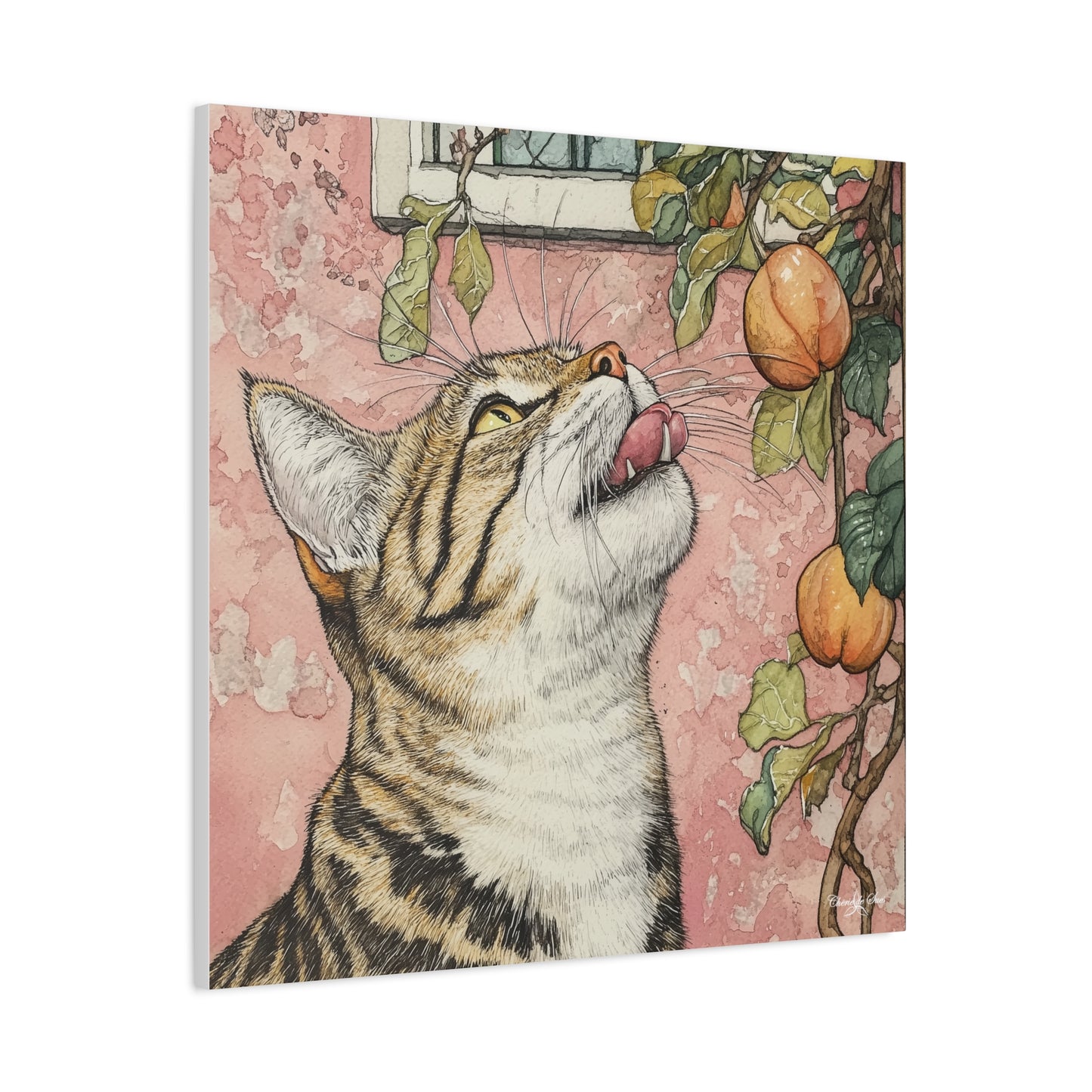 Canvas Art - Pink House Tiger Cat And Persimmons Matte Canvas