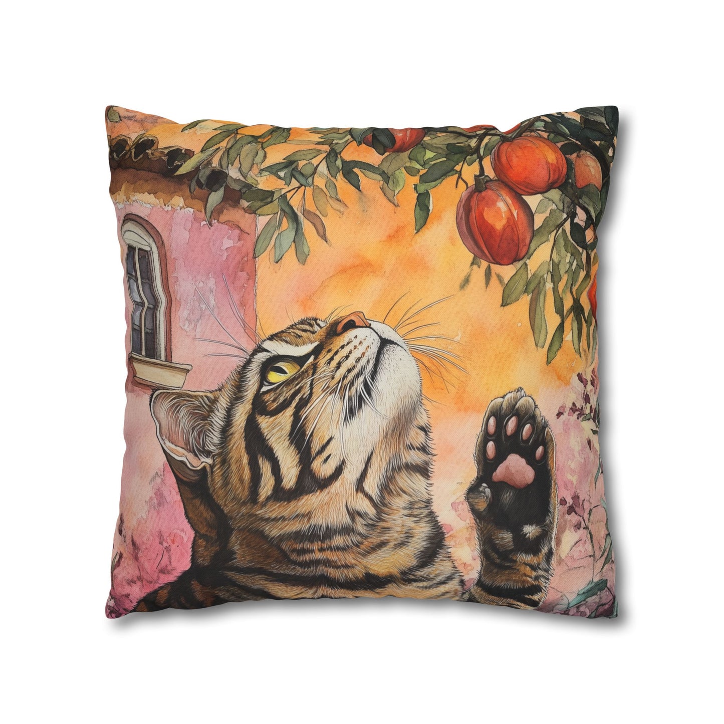 Square Pillow Cover – Pink House Tiger Cat And Persimmon Fruit