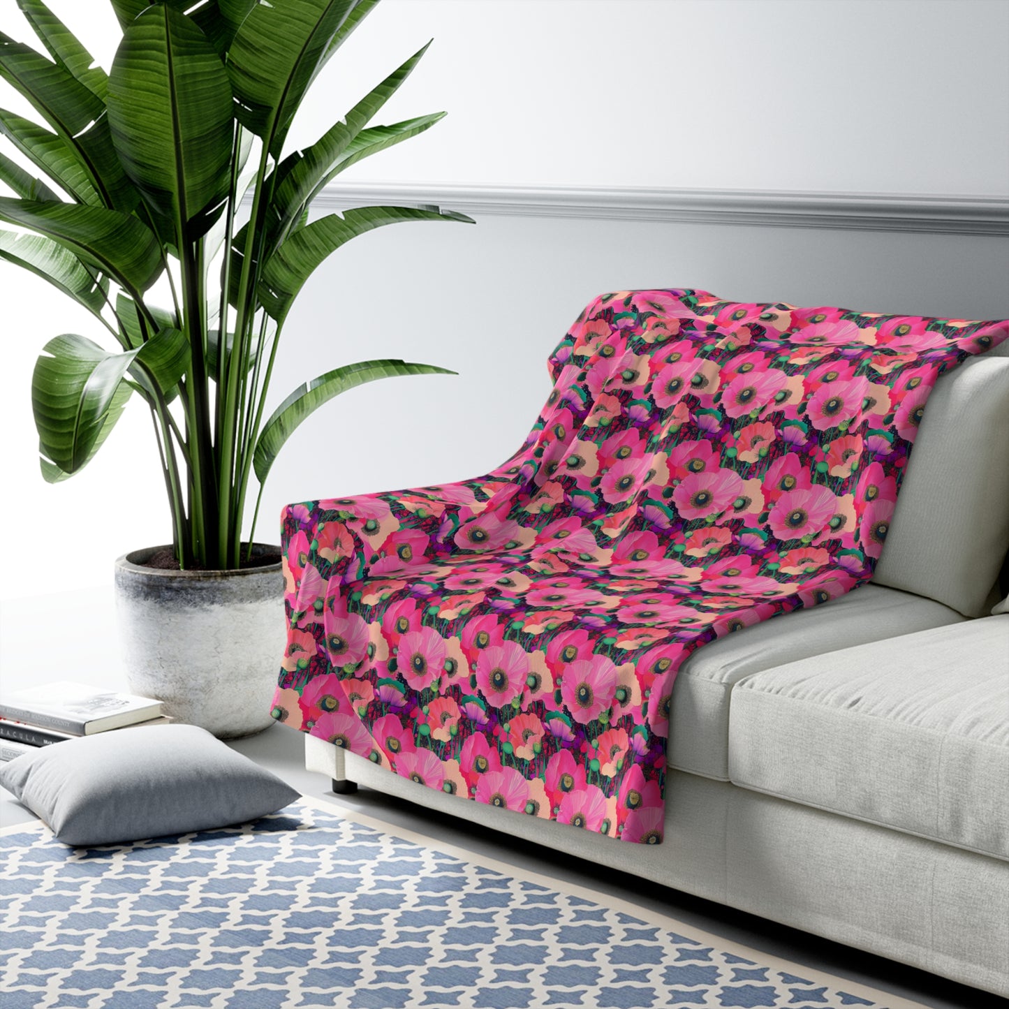 Sherpa Fleece Blanket - Fuchsia Pink Poppies