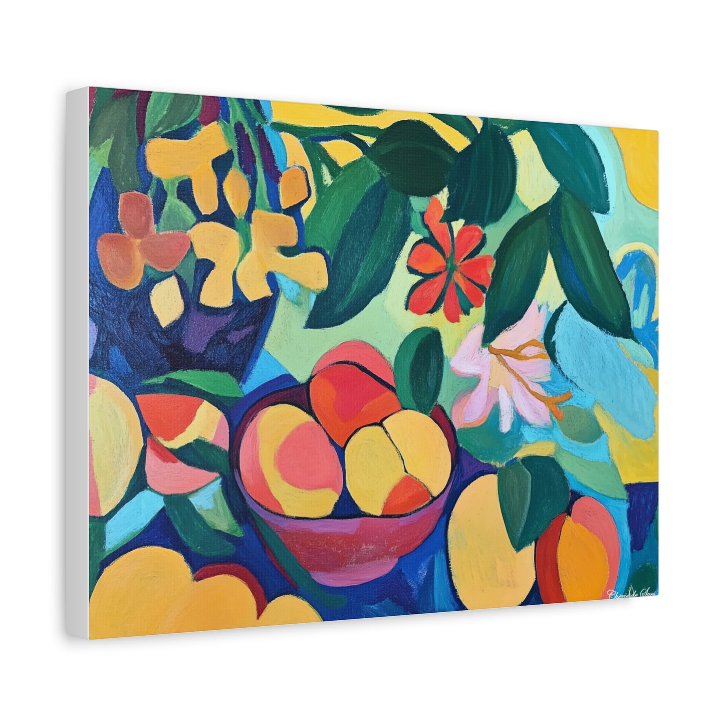 Canvas Art - Colorful Flowers And Peaches In Bowl Still Life Wall Decor